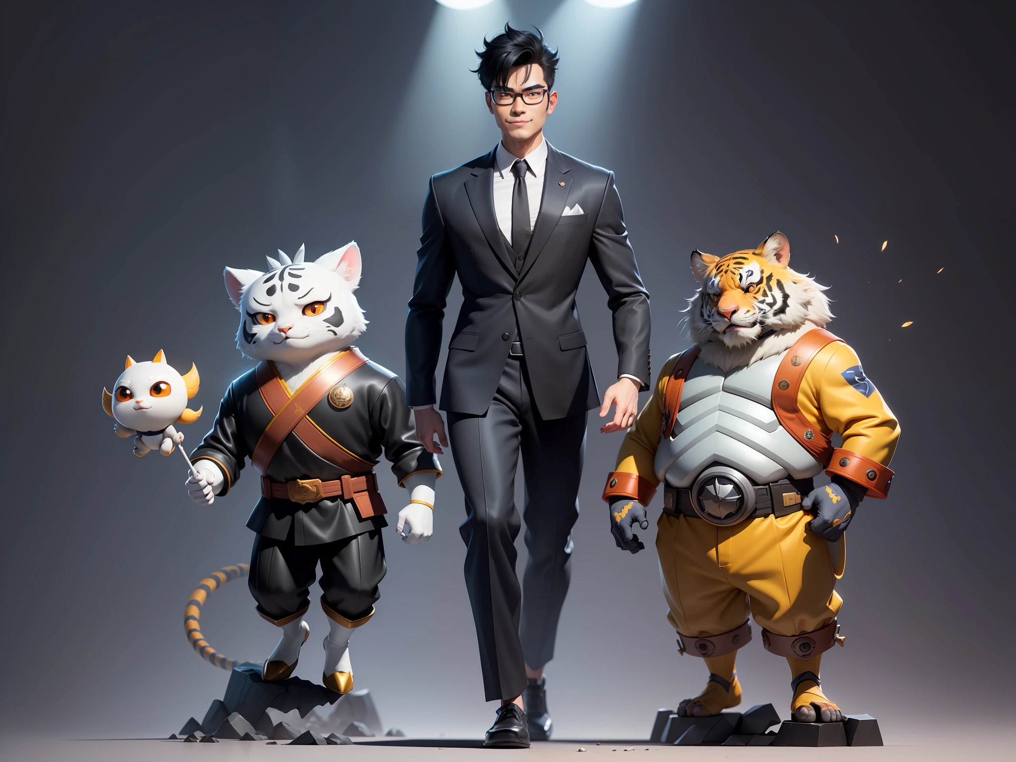 (Masterpiece), (Excellent), (Super Meticulous), (Full Body: 1.2), Super Young Man with Japanese Female Geisha, Pretty, Beautiful, Chinese Dragon, Tiger, Wind God Thor, Sexy, Bursting, Oriental Face, TV Anchor, Bust Portrait Illustration, Black Suit, Blue Tie, Slightly Chubby Face, Silver Glasses, Very Clean Face, No Beard on Chin, Black Super Short Hair, Black Eyes, Confident Smile, 3c Computer Sub-Products, iPad, iPhone, Digital Painting, 3D character design by Mark Clairedon and Pixar and Hayao Miyazaki and Akira Toriyama, the illustrations are HD illustrations in 4K resolution with highly detailed facial features and cartoon-style visuals.