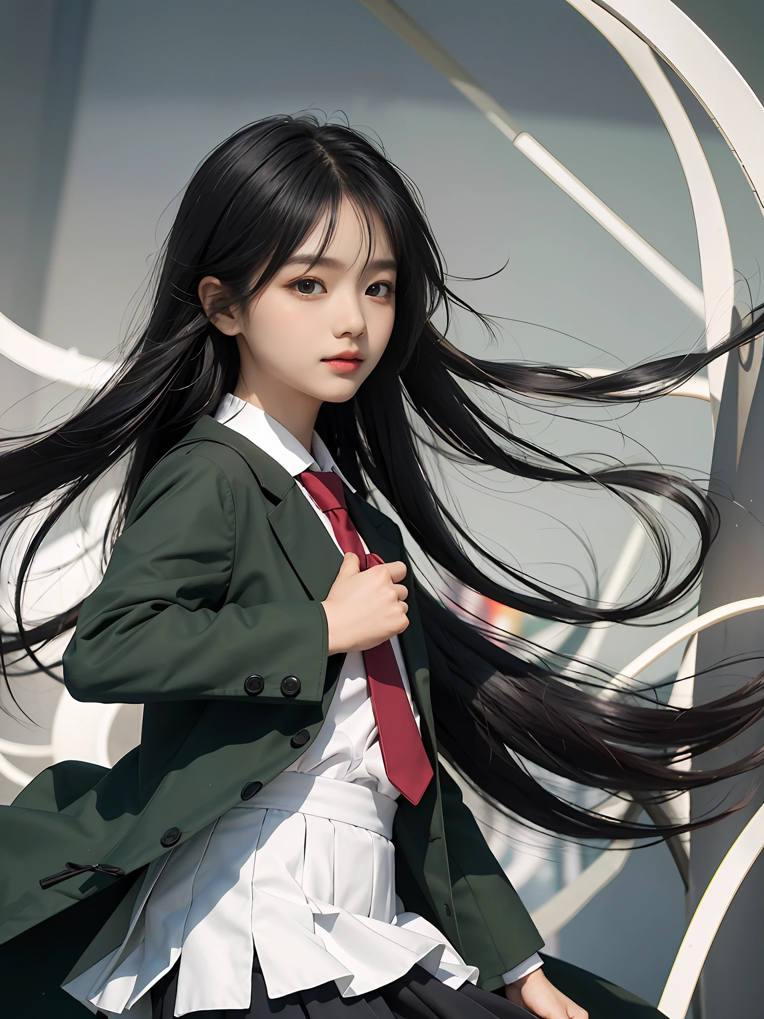 tmasterpiece,best qualtiy,Kizi,Black color hair,dual horsetail,Green army coat,Short magenta skirt ,ssmile,adolable,white shirt,red necktie,