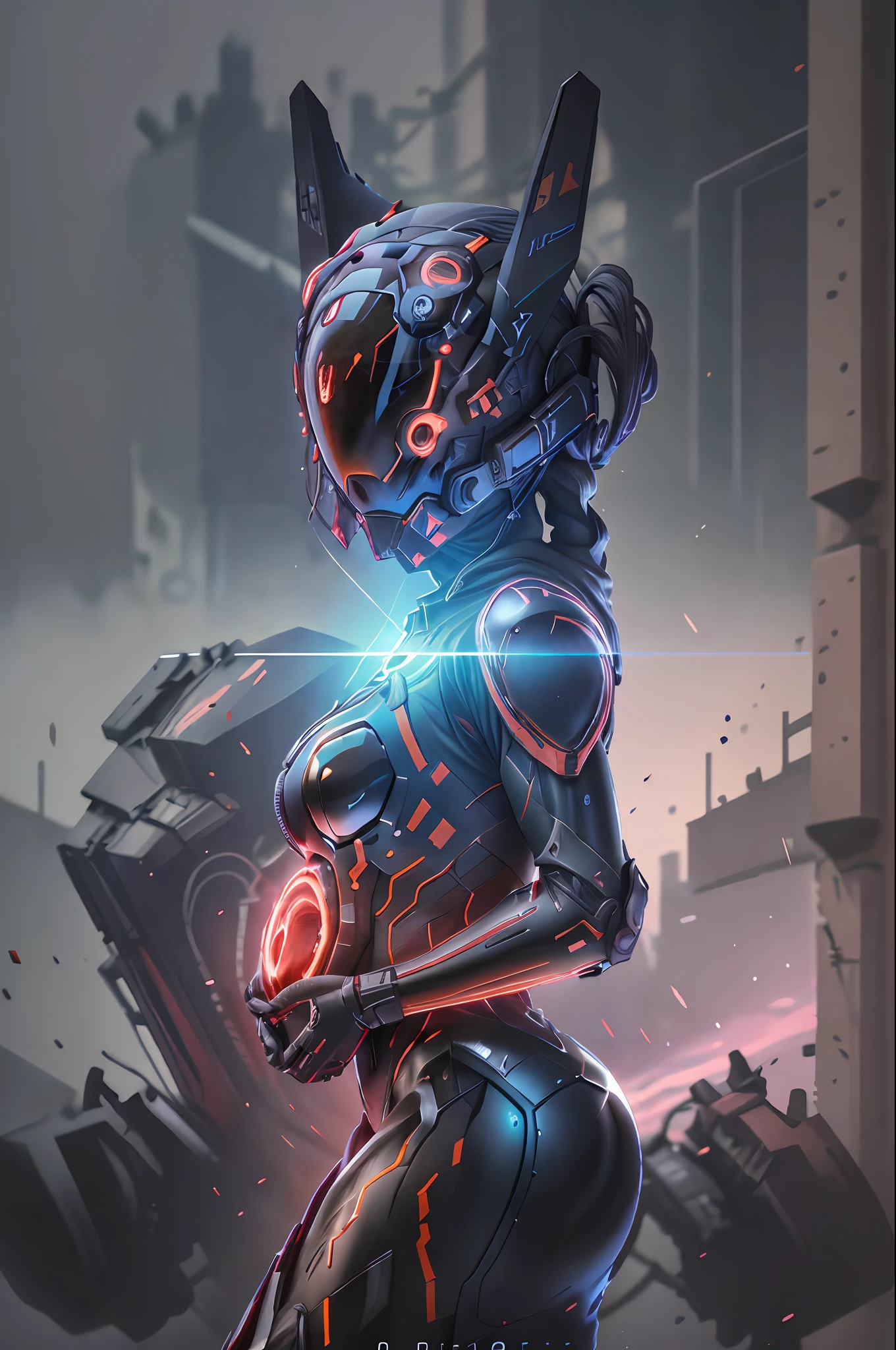 Solo, RAW photo, Realistic, Masterpiece, Best quality, high resolution, Ultra detailed, offcial art, Unity 8k wallpaper, offical wallpaper,  moody ambiance, Chiaroscuro, celtics, 1girll,1female, helmet, tightsuit, Black bodysuit, Blue-black armor，Glowing rune AI-red [(crNanosuit|War_glam)::0.85]_chest plate,machinery suit, Animal ears, Moonlight, mitts, Innerboob, People wearing web helmets, white cyberhelmet, Fantastic,  lines of movement, ultra - detailed, Neon lights, Neon colors, Cyberpunk, Pondering, Shining, spark of light,