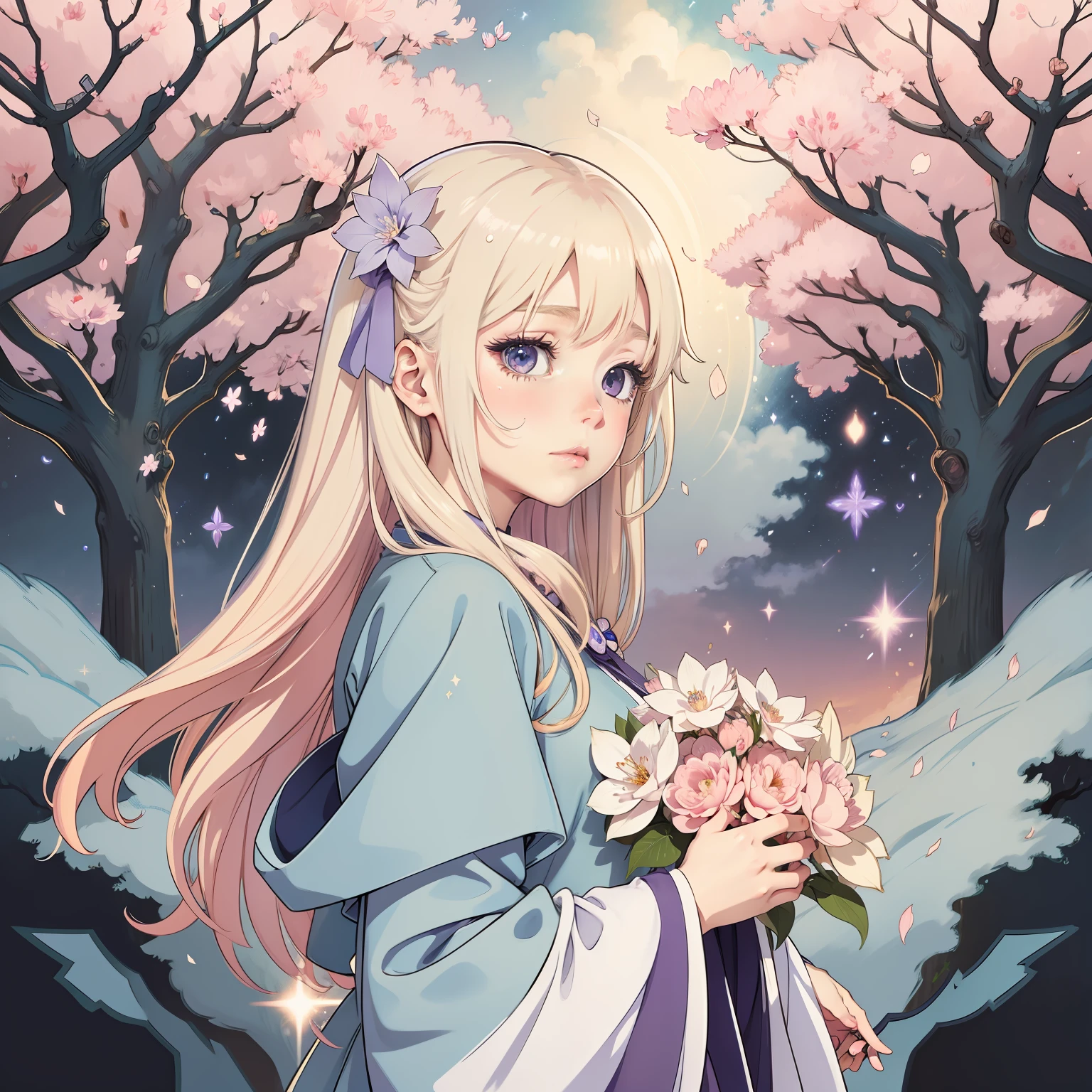 Light blonde haired anime girl with pale bluish violet eyes under sky filled with shooting stars standing alone surrounded by pink camellia trees