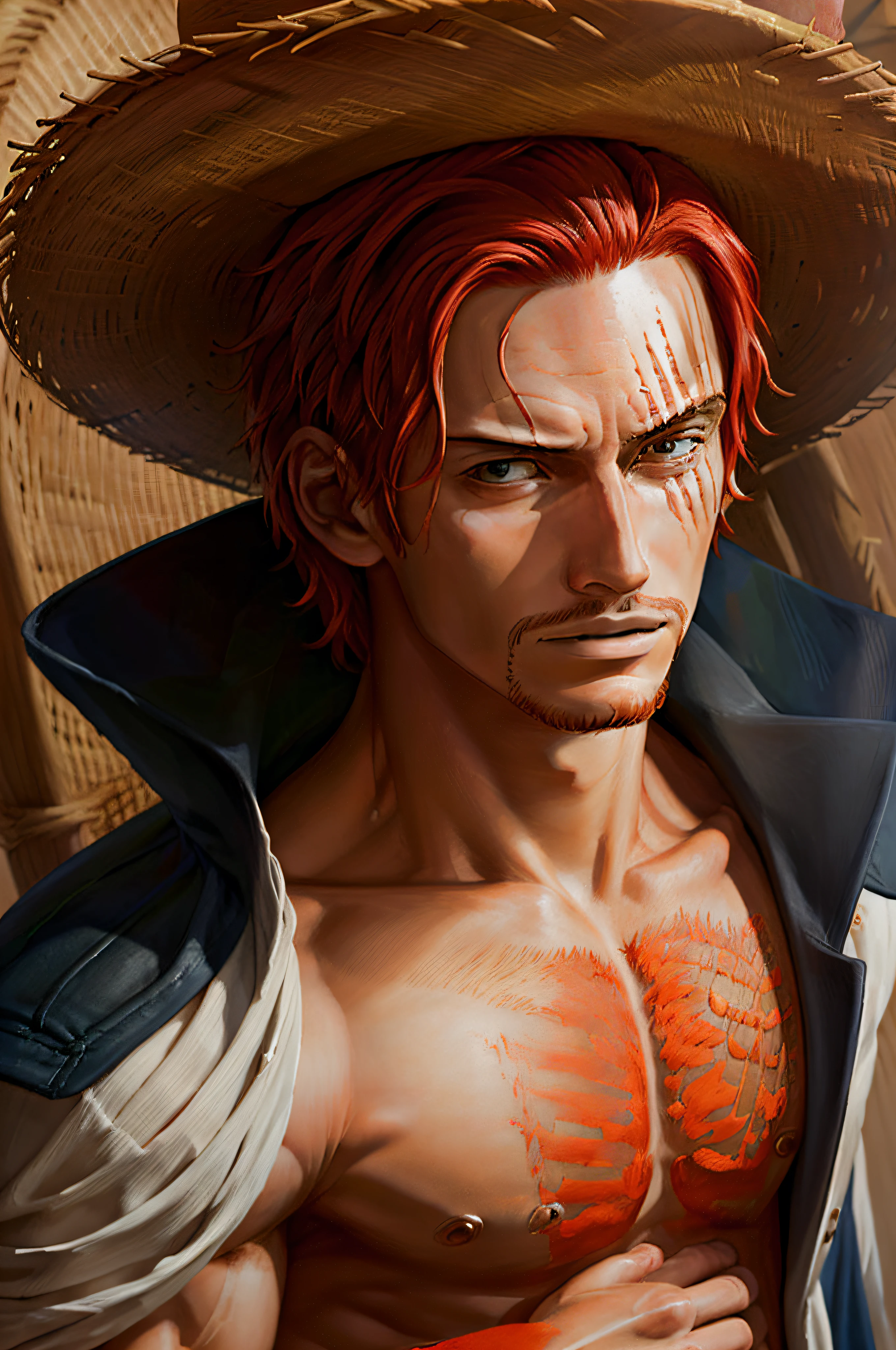 (masterpiece, best quality), intricate details,
1boy, man, red hair, straw hat, Shnks, shanks \(one piece\), scar on face,