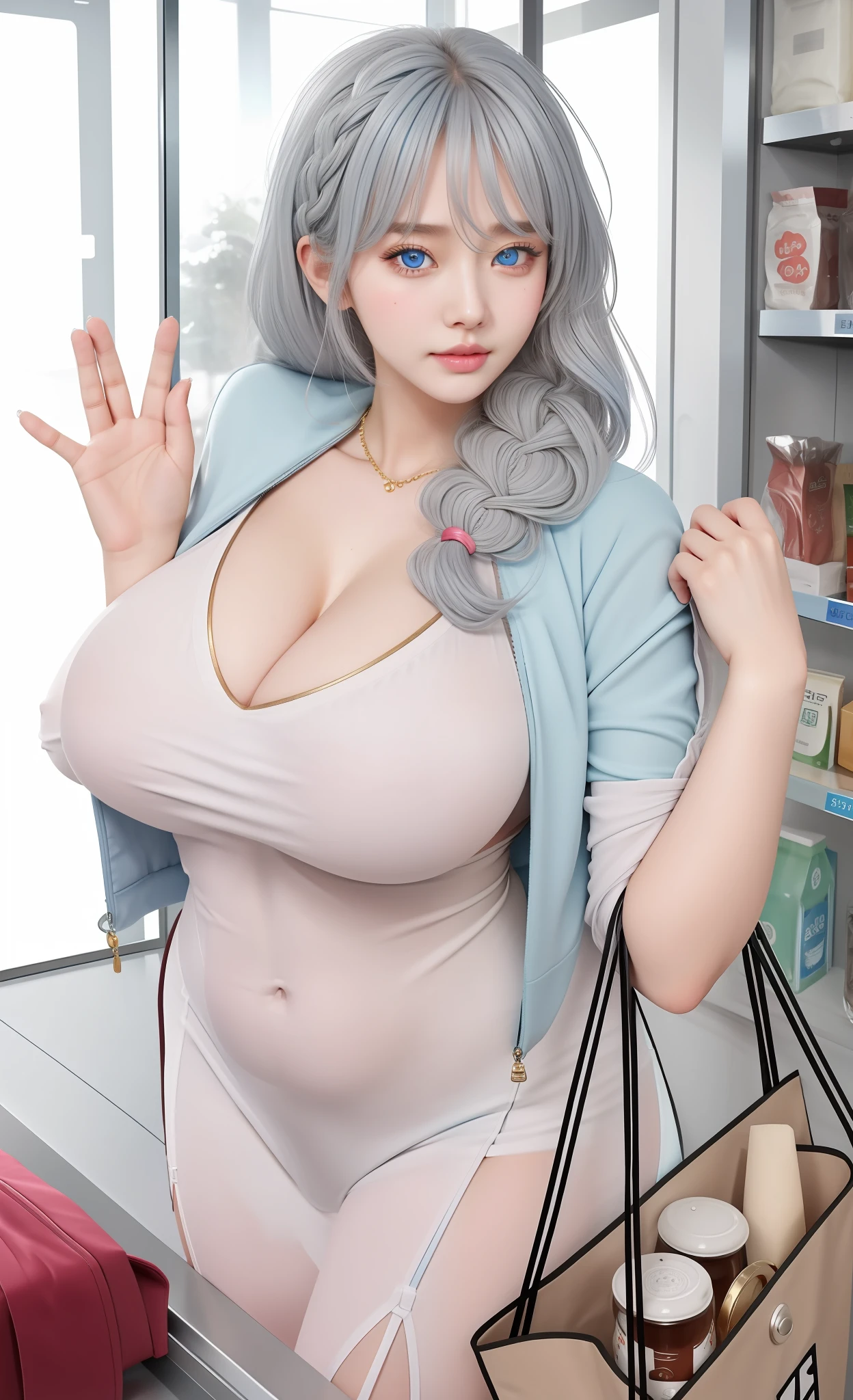 An Idol k-pop girl, (cute face:1), (lewd face:1), braid hair, intricate face details, detailed face, golden ratio face, ((huge breasts:1)), ((large breasts:1)), ((giant breasts:1)), ((big breasts:1)), ((slim waist:1)), ((big butt:1)), ((big hip:1)), ((big thighs:1)), ((thick thighs:1)), ((intricate hands:1)), ((detailled hands:1)), ((intricate feets:1)), ((detailled feets:1)), (polished skin:1,9), (sweaty:1,9), (she is sexually aroused:1), (full body:1), 64K, UHD, HDR, global illumination, (high quality, high detailed, hyper detailed, extremely detailed), photo realistic, ultra realistic, art photo, (clarify the details, detailed parts body), intricate artwork masterpiece, trending on artstation, (soft smile), (light blue eyes:1,9), look at viewer, tight clothes, standing at supermarket, wool coat, dress, glass door, shelf, checkout, table, left hand carry bag, (gray hair:1,9)