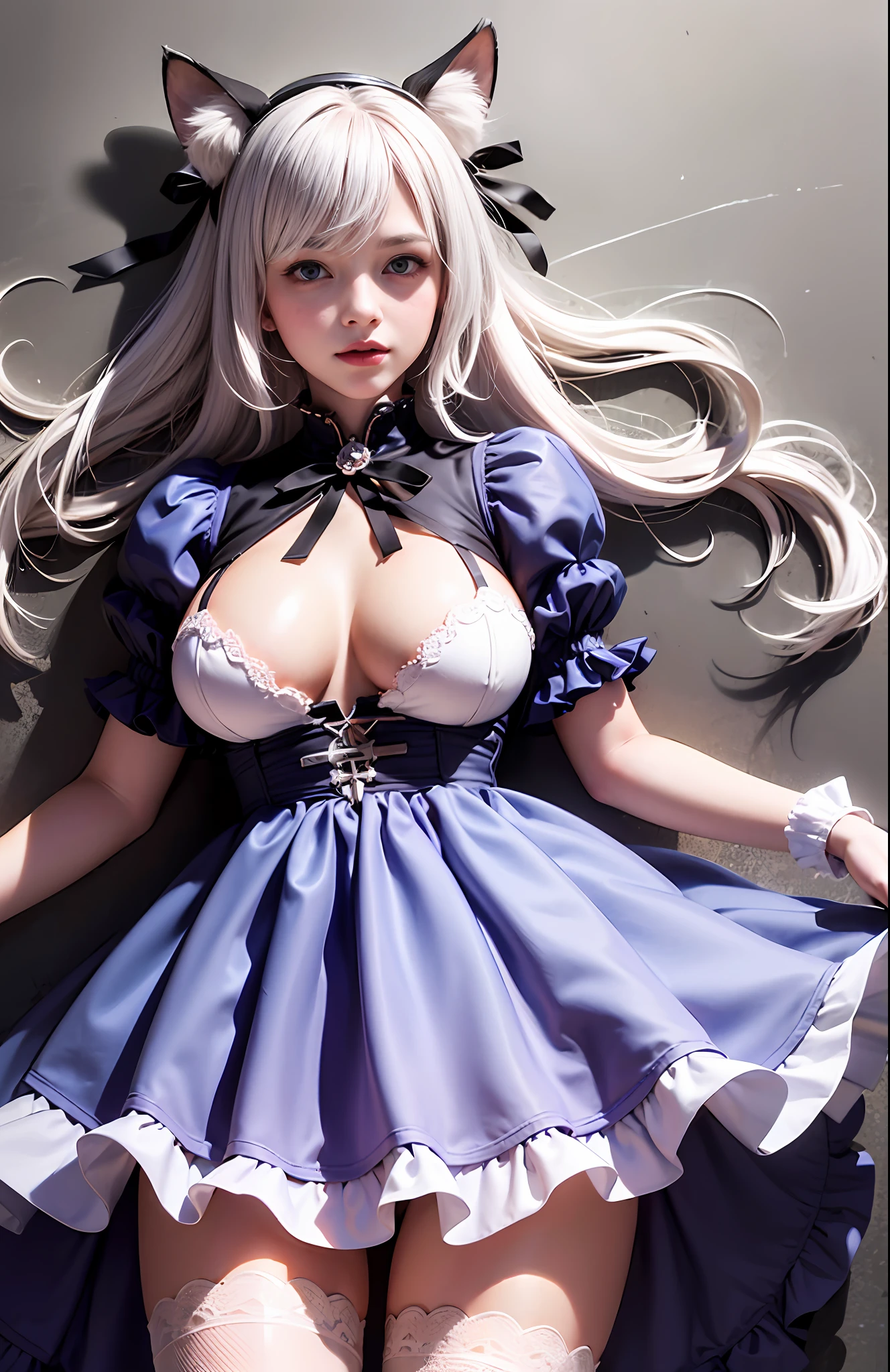 (ultra - detailed),Cute princess dress,(frill dress),(short- sleeved),Blue eyes,, Cat ears, No tail,(No tail),Girly Room，tmasterpiece, top-quality, anime big breast, A detailed eye, A detailed face, Kizi，,Hair is medium white，whaite hair, (whaite hair),  Ear hair, Large bust，Ribbons, Ribbon around the neck,, On the sheet,The upper part of the body,Facial expression enhancement，A happy expression，Exposed flesh，long leges，Full body like