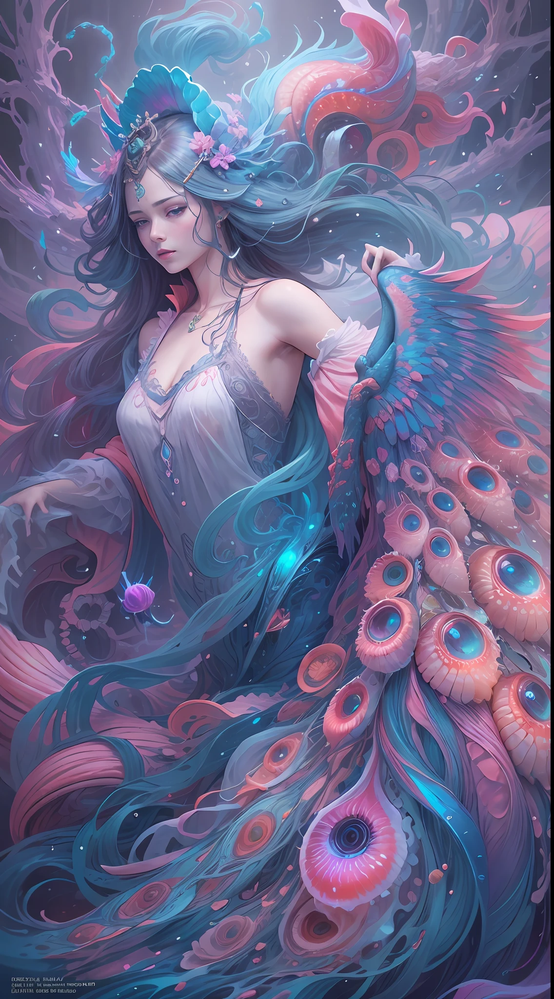 best qualtiy,tmasterpiece,超高分辨率,(photograph realistic:1.4),ultra-realistic realism,Dream-like,The beautiful blue goddess wears a phoenix peacock on her head, Nautilus, a betta fish,The creation of fantasy,Brain conch,Dream Conch,Biopunk Nautilus,Thrilling color scheme, ultra-realistic realism, abstracted, psychedelia,