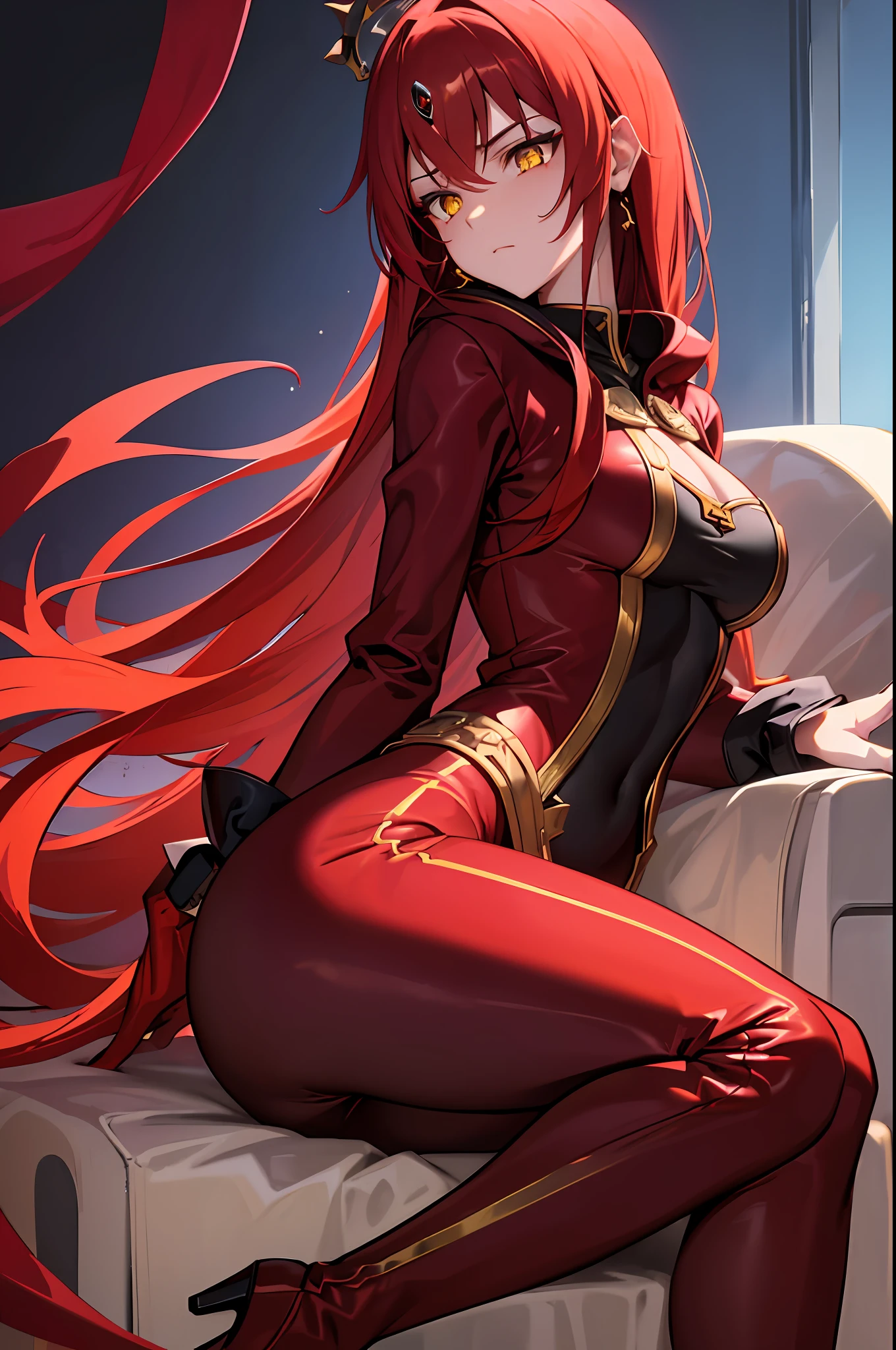 masterpiece, best quality, 1girl, long hair, big bust, very long red hair, yellow eyes, red hoodie, sinister, red sexy bodysuit, crown, mistery, all red outfit, golden earrings, good anatomy, white gloves, hand in the face, boots, heels, evil, emotionless, intimidant, bloody, detailed eyes, throne, dark background, close up, ((detailed eyes)), beautiful eyes, ((straigh bang cut)), close focus, profile picture, show the character from chest to face