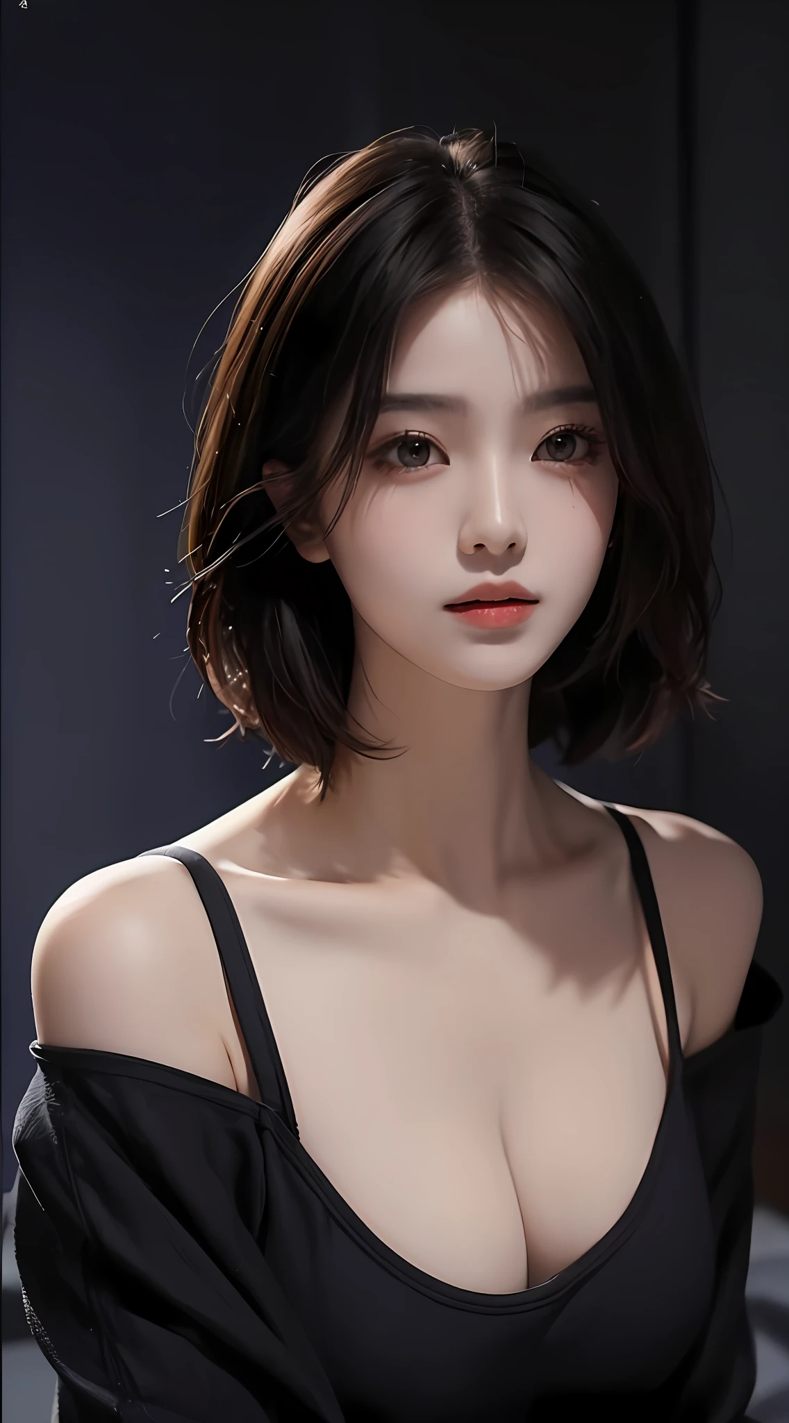 best qualtiy， tmasterpiece， 超高分辨率， （realisticlying：1.5）， RAW photogr， 1girll， bshoulders， in the darkness nigth， deep shading， low tune， cold light， Sexy look， short detailed hair，Pretty big breasts