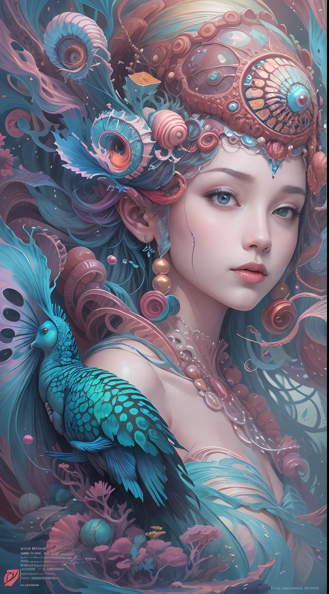 best qualtiy,tmasterpiece,超高分辨率,(photograph realistic:1.4),ultra-realistic realism,Dream-like,The beautiful blue goddess wears a phoenix peacock on her head, Nautilus, a betta fish,The creation of fantasy,Brain conch,Dream Conch,Biopunk Nautilus,Thrilling color scheme, ultra-realistic realism, abstracted, psychedelia,