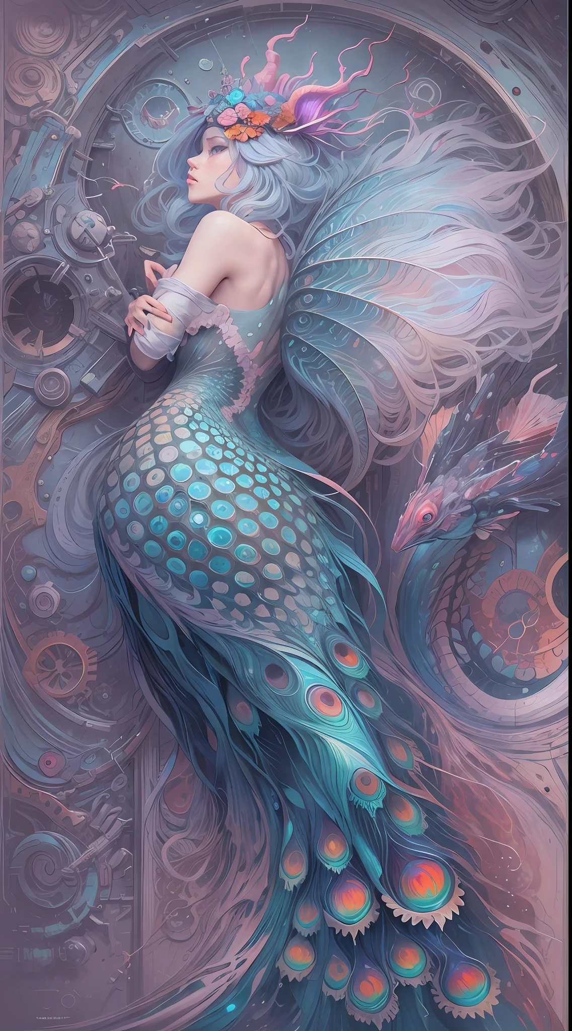 best qualtiy，tmasterpiece，超高分辨率，（photograph realistic：1.4），ultra-realistic realism，Dream-like，The beautiful blue goddess wears a phoenix peacock on her head, Nautilus, a betta fish，The creation of fantasy，Brain conch，Dream Conch，Biopunk Nautilus，Thrilling color scheme， ultra-realistic realism， abstracted， psychedelia,
