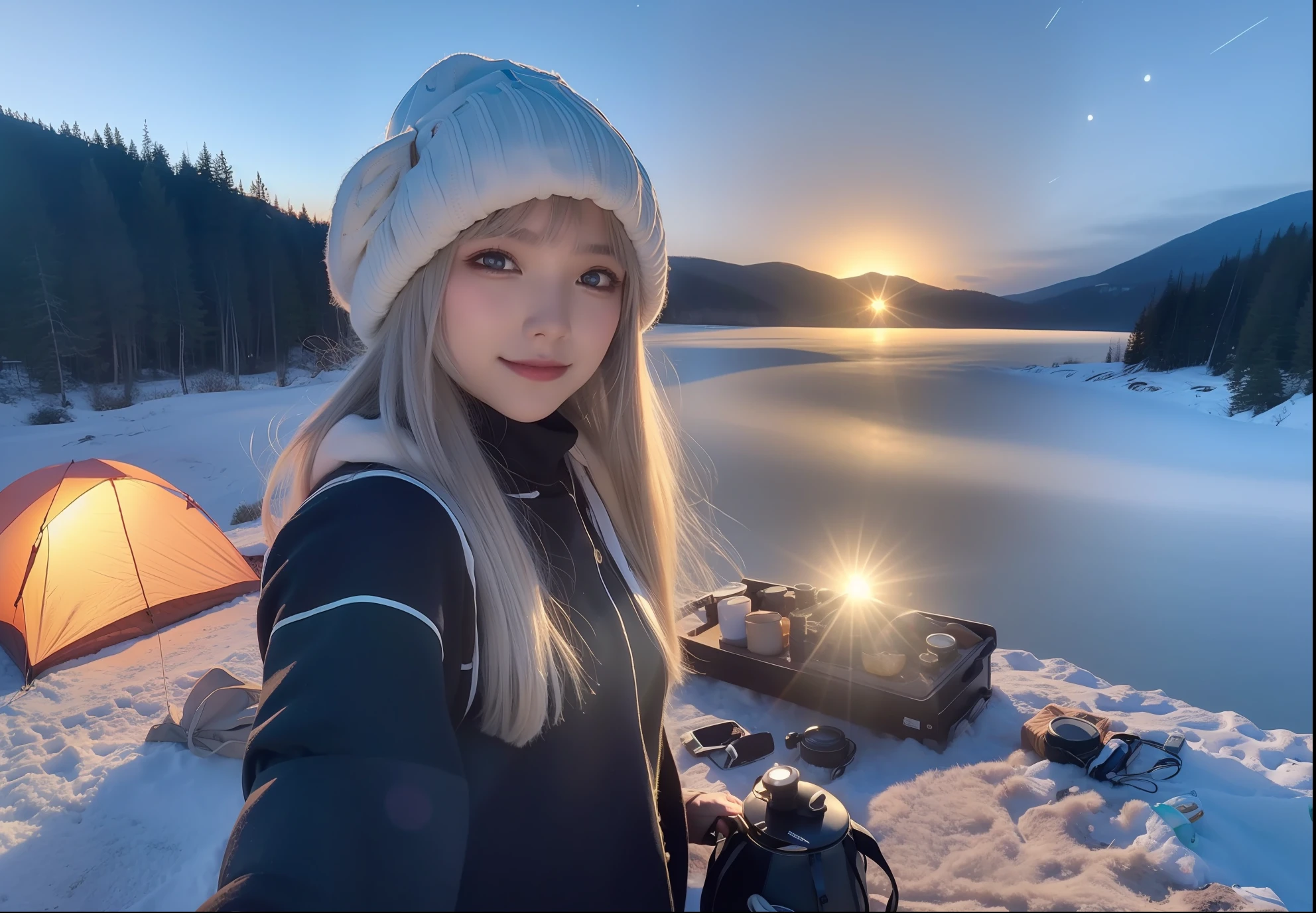 VeronicaCipher ((upper body selfie, happy)), masterpiece, best quality, ultra-detailed, solo, outdoors, (night), mountains, nature, (stars, moon) cheerful, happy, backpack, sleeping bag, camping stove, water bottle, mountain boots, gloves, sweater, hat, flashlight, forest, rocks, river, wood, smoke, shadows, contrast, clear sky, analog style (look at viewer:1.2) (skin texture) (film grain:1.3), (warm hue, warm tone) :1.2), close up, cinematic light, sidelighting, ultra high res, best shadow, RAW, upper body, , wearing pullover
kodak vision 3,