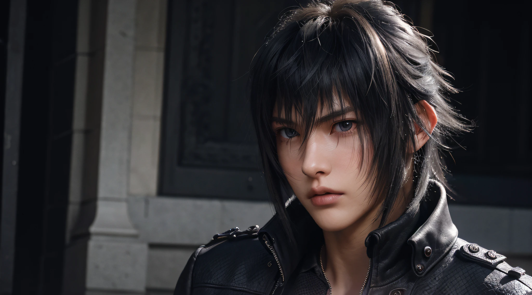 absurderes、A high resolution、ultra - detailed、realisticlying、A character: 1 tall muscular man、Broad shoulders handsome、brunette color hair、Angular chin、Strong neck、thick eyebrow、The upper part of the body、Noctis