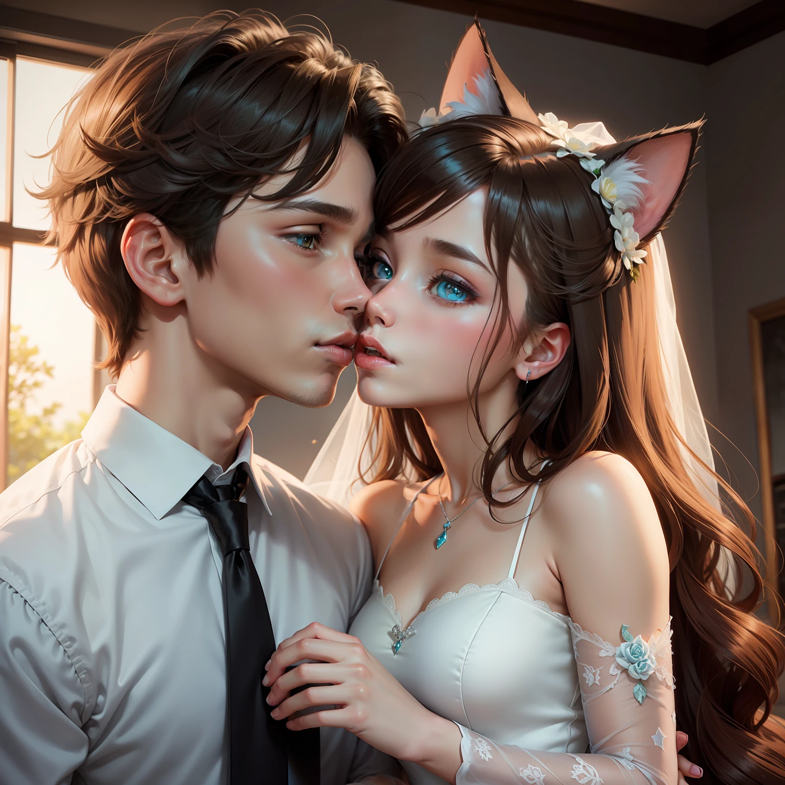1girl,1boy,Kiss,Cat's ears,Wedding dresses,Brown hair,brown eye,Cyan eyes