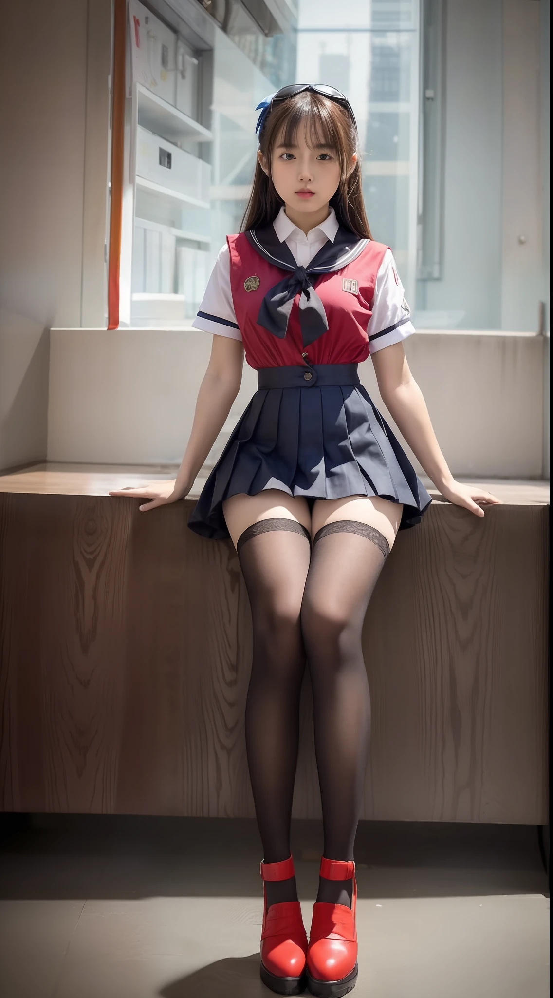 (Full body shot :2), (Full Focus:1.3), girlfriend, Colorful short-sleeved student uniforms, High-heeled leather shoes, long leges, The characters wear sailor suits and pleated skirts, Asian squat, Must show your face, Must have stockings, Stocking tights, hyper HD, Ray traching, structurally correct, anatomy correct, Award-Awarded, High detail, Chiaroscuro, Cinematic lighting, Masterpiece, Super detail, High quality, High details, Best quality, 16k