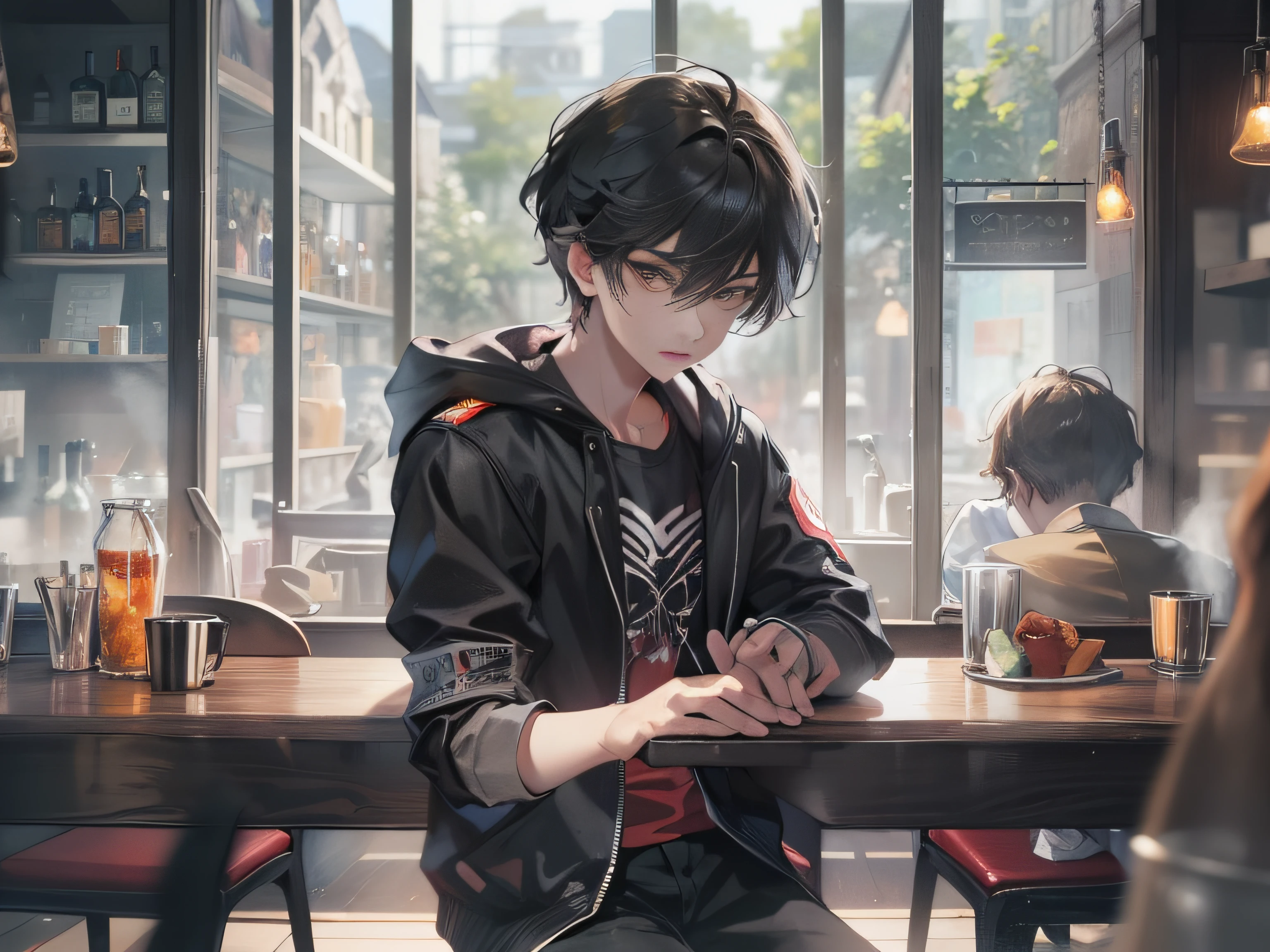 A 20-year-old boy wearing casual clothes with short black hair,Emotional,Slap your hand on the table,Inside the bar,grand master,tmasterpiece,8k wallpaper,CG,Ultra-high image quality,light and shadow effect