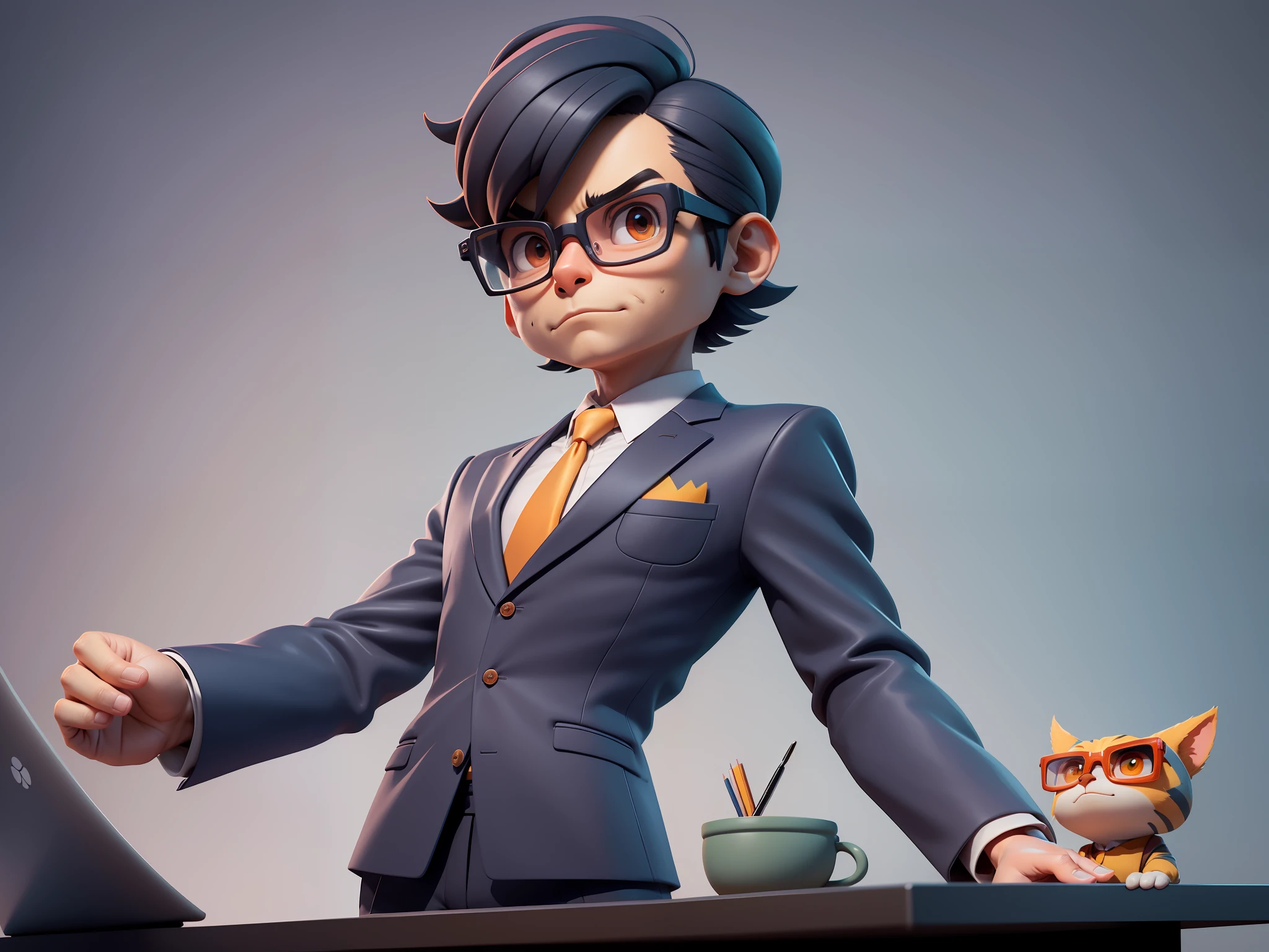 A young man in a suit, Short hair and glasses sat at his desk,holding laptop,digitial painting,tigre,3D character design by Mark Clairen and Pixar and Hayao Miyazaki and Akira Toriyama,4K HD illustration,Very detailed facial features and cartoon-style visuals。