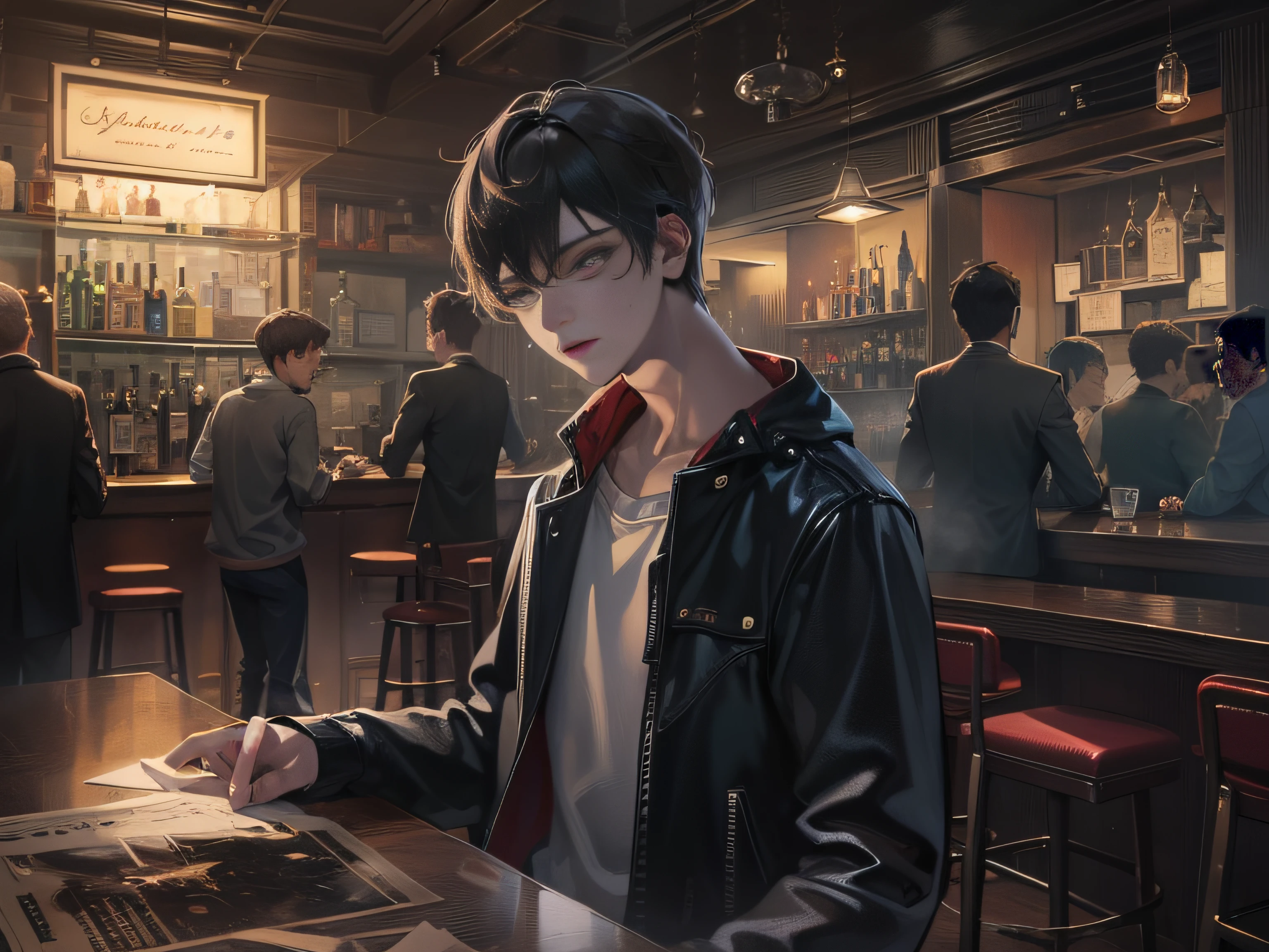 A 20-year-old boy wearing casual clothes with short black hair,Emotional,Slap your hand on the table,Inside the bar,grand master,tmasterpiece,8k wallpaper,CG,Ultra-high image quality,light and shadow effect