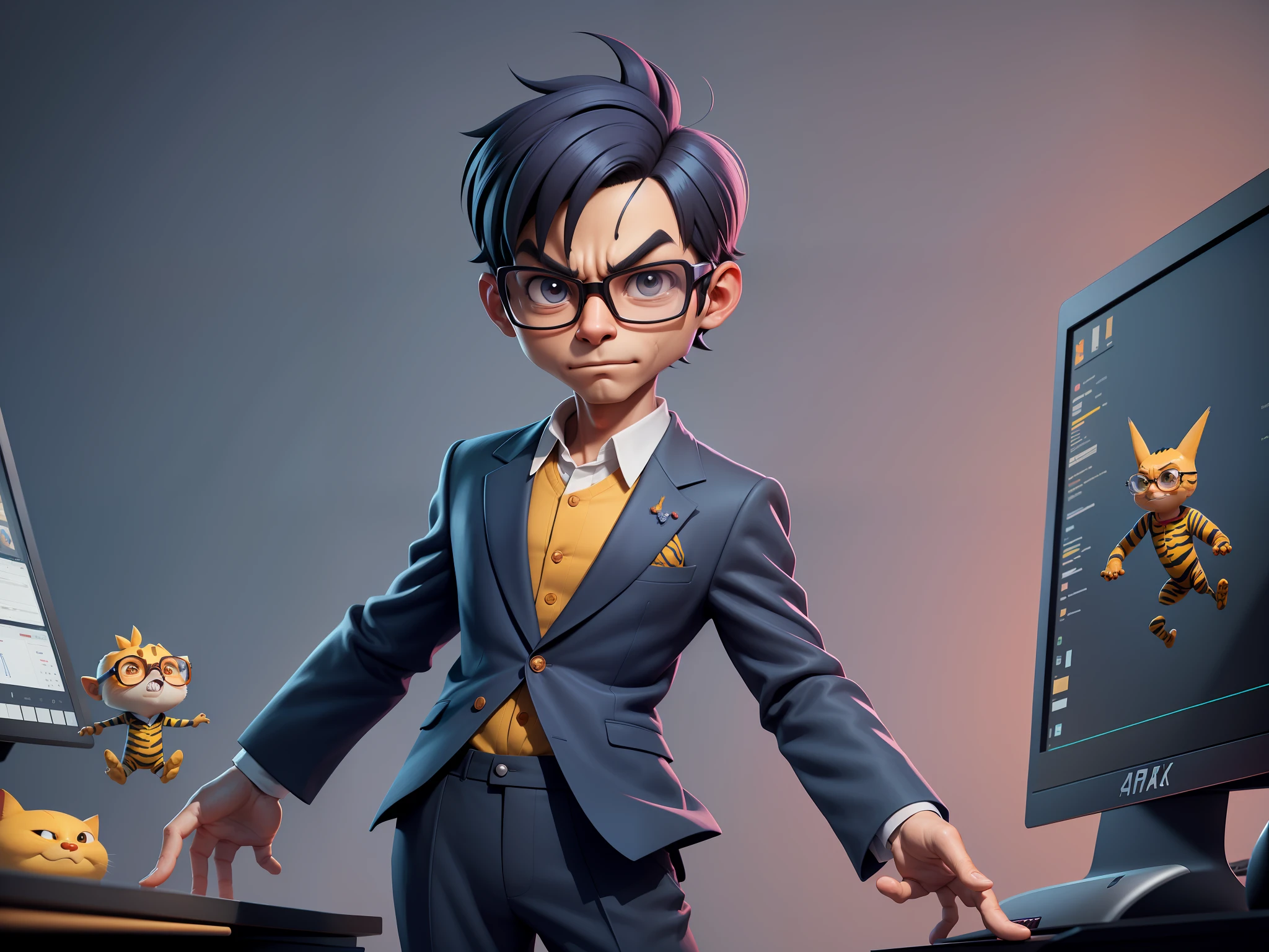 A young man in a suit and pants, Short hair and glasses sat at his desk,holding laptop,digitial painting,tigre,3D character design by Mark Clairen and Pixar and Hayao Miyazaki and Akira Toriyama,4K HD illustration,Very detailed facial features and cartoon-style visuals。