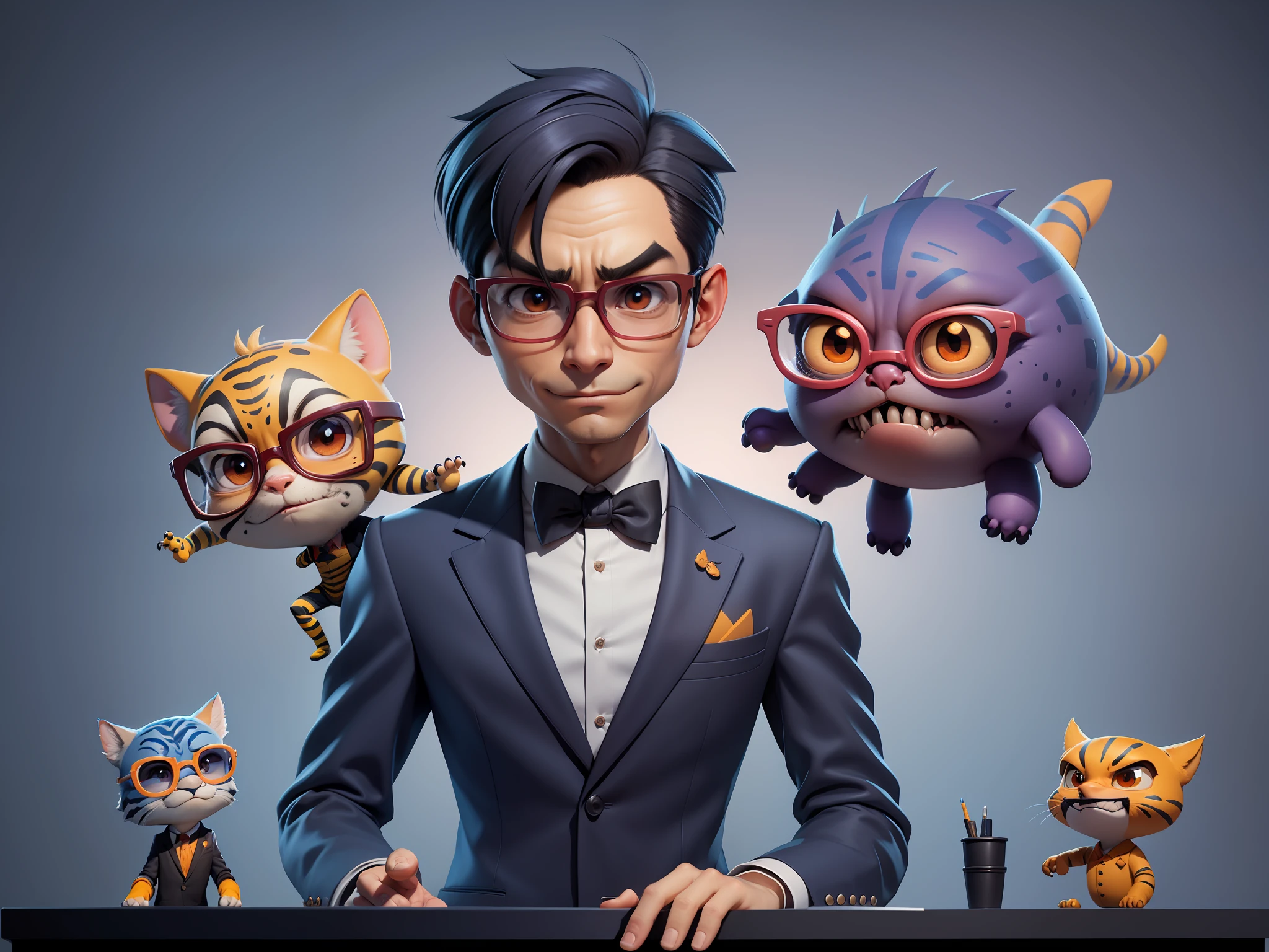 A young man in a suit and pants, Short hair and glasses sat at his desk,holding laptop,digitial painting,tigre,3D character design by Mark Clairen and Pixar and Hayao Miyazaki and Akira Toriyama,4K HD illustration,Very detailed facial features and cartoon-style visuals。