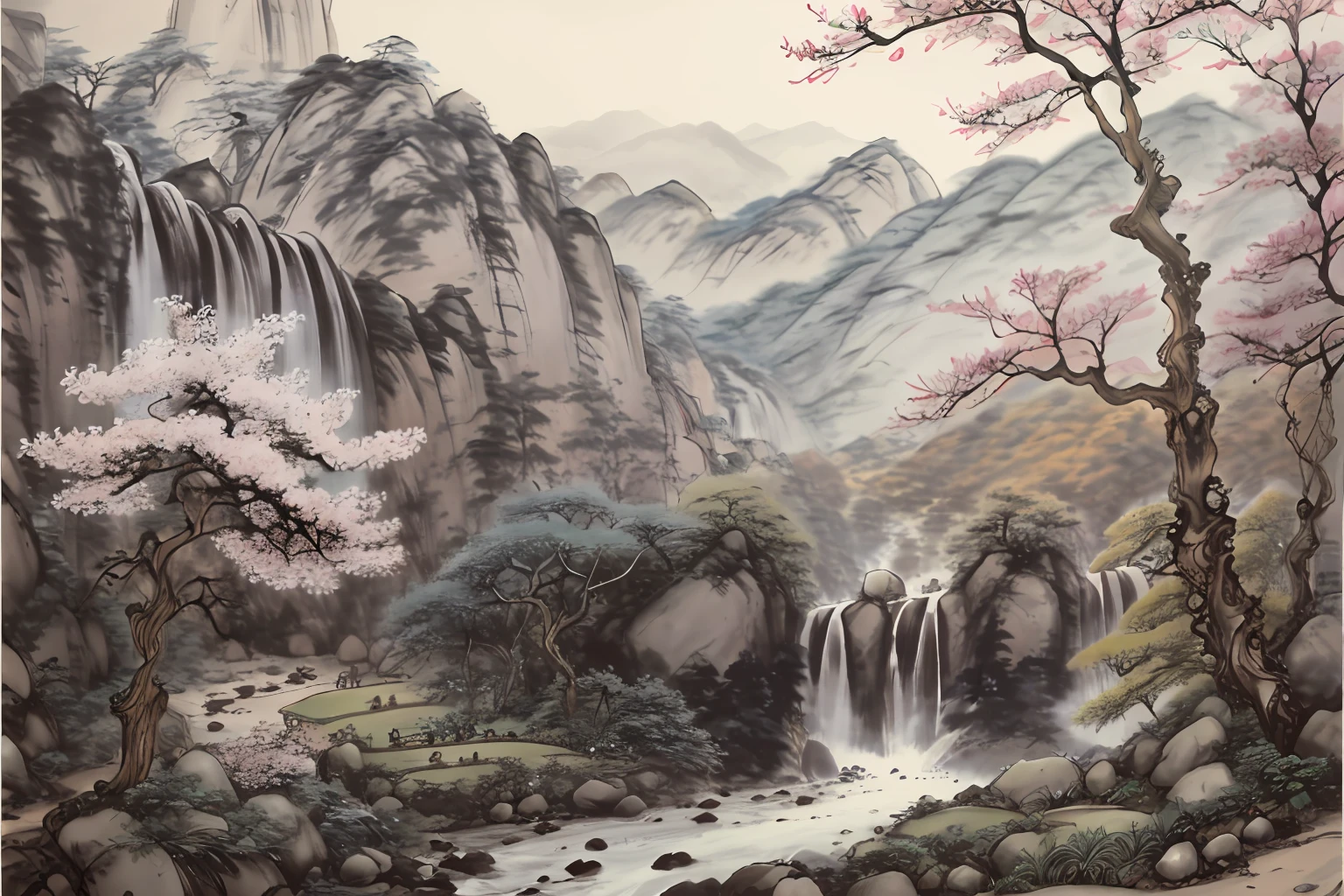 Draw waterfalls with trees and rocks in the valley, korean artist, john park, author：Yoon Du-seop, jin shan, jiyun chae, qi sheng luo, author：Cui Cheng, bo xun ling, Chinese landscape, landscape artwork, hong soonsang, Kim Hyun-joo, author：Dong Yuan, author：Shen Shichong