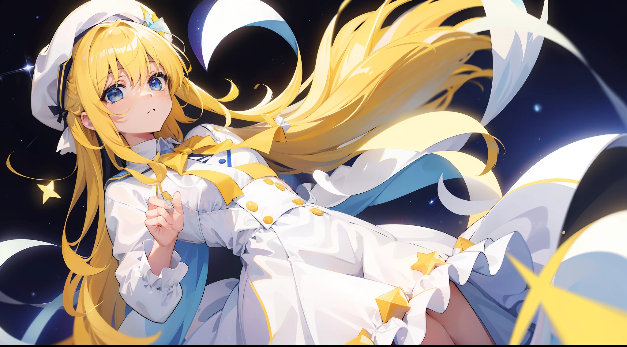Yellow-haired,white dresses,eBlue eyes,star accessories,Blue bow tie,white beret(It has a blue bow on it),starryskybackground,meteors,4K