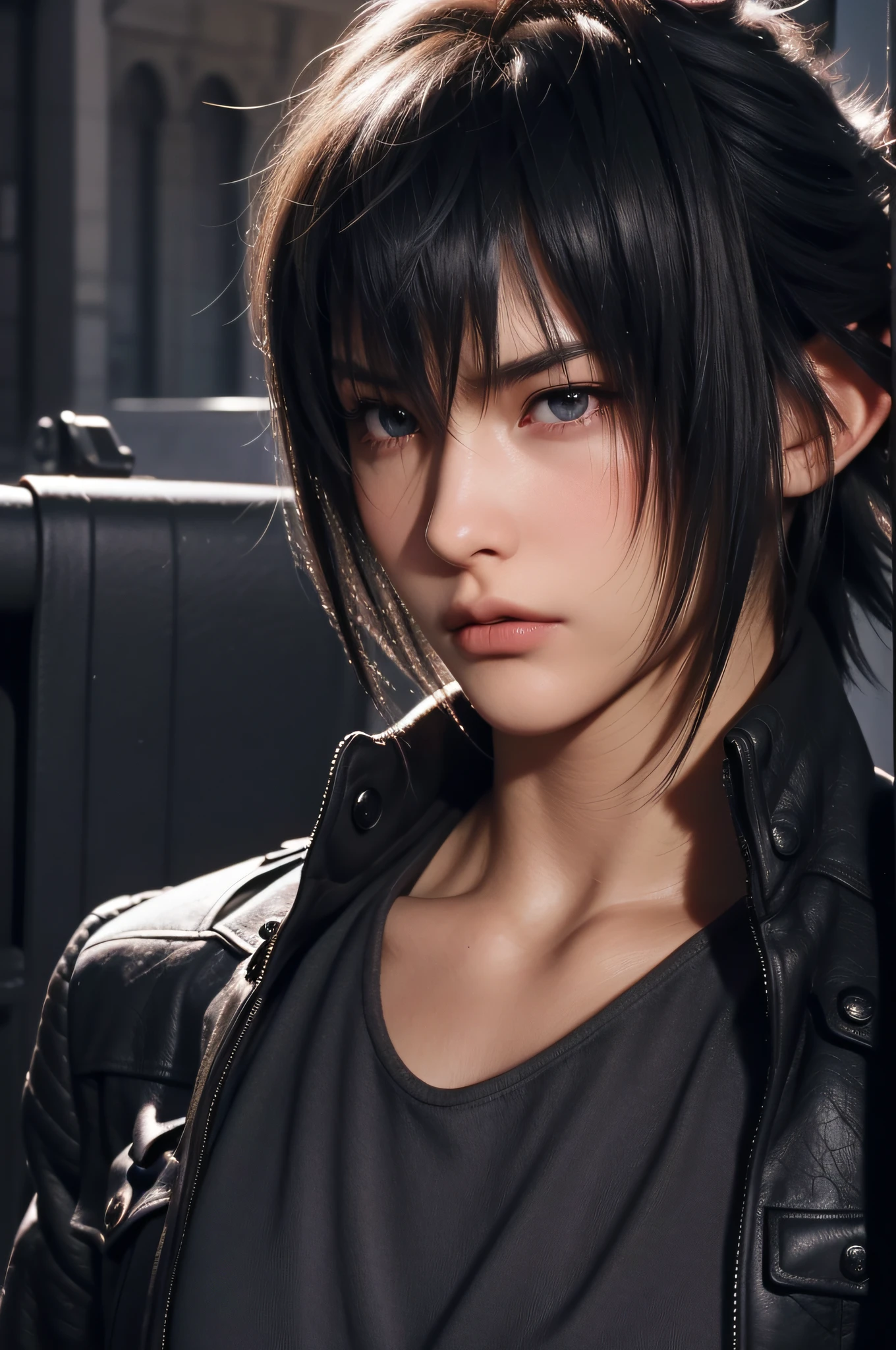 （absurderes，A high resolution，ultra - detailed，realisticlying，），1 male，独奏，Tall muscular man，broad shoulder，Handsome，brunette color hair，Angular chin，Thick neck，thick eyebrow，The upper part of the body,Noctis，