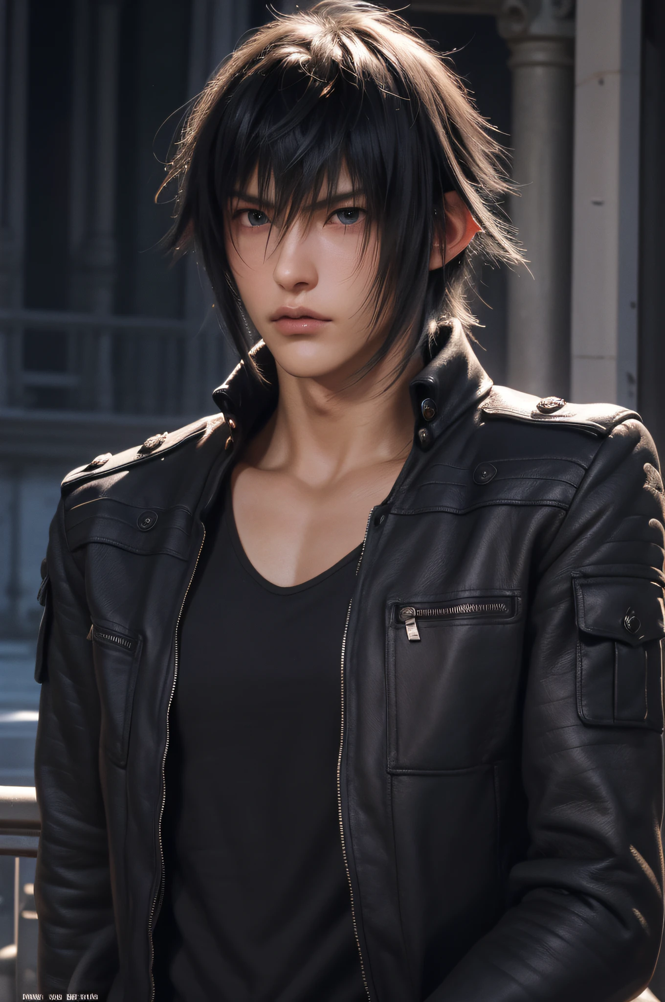 （absurderes，A high resolution，ultra - detailed，realisticlying，），1 male，独奏，Tall muscular man，broad shoulder，Handsome，brunette color hair，Angular chin，Thick neck，thick eyebrow，The upper part of the body,Noctis，