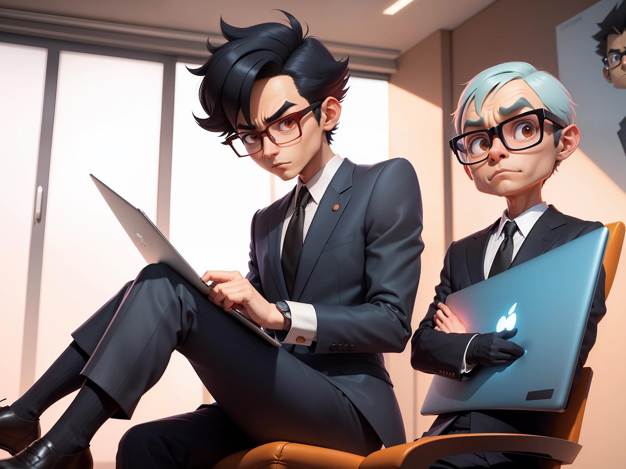 A young man in a suit and pants, Short hair and glasses sat at his desk,holding laptop,digitial painting,tigre,3D character design by Mark Clairen and Pixar and Hayao Miyazaki and Akira Toriyama,4K HD illustration,Very detailed facial features and cartoon-style visuals。