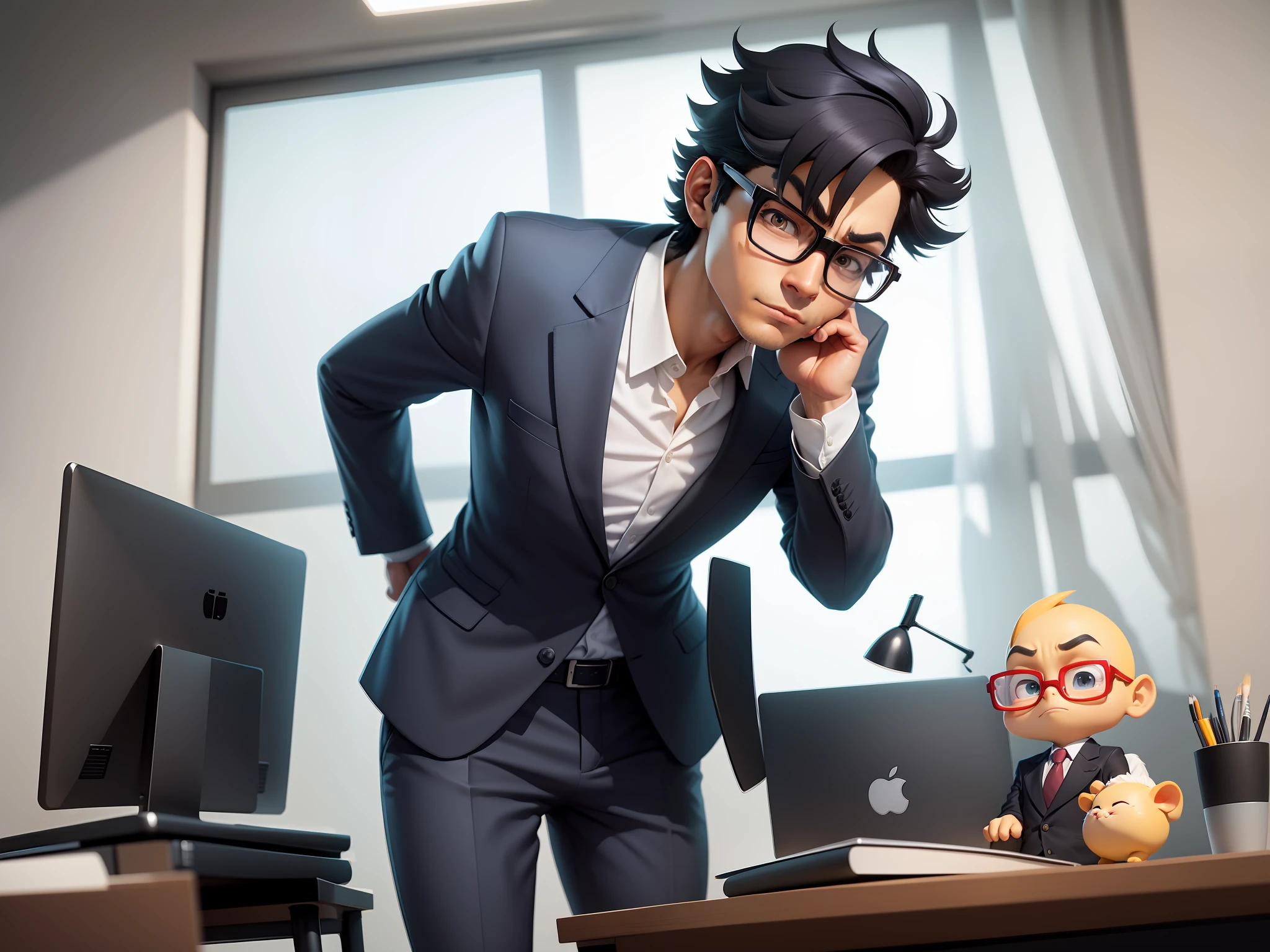 A young man in a suit and pants, Short hair and glasses sat at his desk,holding laptop,digitial painting,tigre,3D character design by Mark Clairen and Pixar and Hayao Miyazaki and Akira Toriyama,4K HD illustration,Very detailed facial features and cartoon-style visuals。
