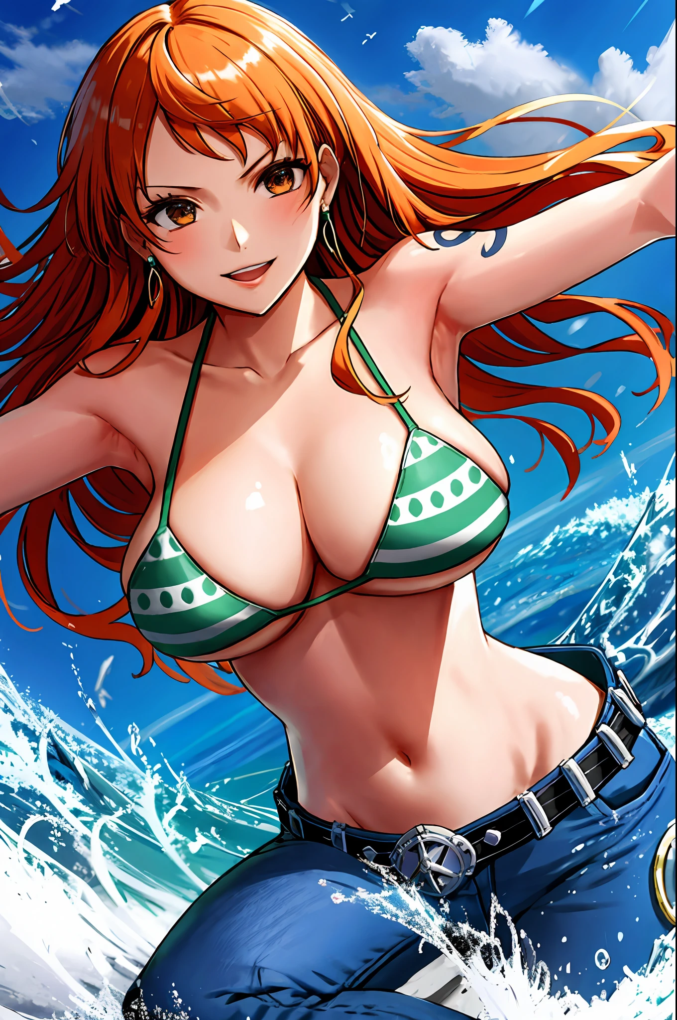 detailed background, masterpiece, 4k, epic, best quality, cheerful, late youth, adult, milf, athlete body, 1girl, active, energic, ((wide open mouth, folded legs, smile, lying on the ground, fully lying down, open eyes, hands spread sideway, jumping)) , solo, nami \(one piece\), 1girl, bangle, (very missy hair, tired, open mouth, feeling hot, tilting head, both hands spreadeagled, serious, hurt, glaring, open eyes, looking up, perfect detailed face, detailed round face) bold drawing lines, muscular arms, detailed bold body lines, flat jaw, adult woman, (wavy wide streaked bangs, floating bang, long left bangs ) (big cheeks), bare shoulders, off-shoulders, belt, bikini, bikini top only, blue sky, bracelet, springy breasts, breast lines, big round eyes, very big brown shiny eyes, bubbles, high eye position, cleavage, cloud, day, denim, earrings, floating hair, wavy hair, shiny hair, green belt, green bikini, bold groin lines, ((straw hat)), long jeans, jewelry, medium breasts, log pose, long hair, looking at viewer, long navel, wet hair, orange hair, pants, shoulder tattoo, sidelocks, sky, solo, stomach, swimsuit, tattoo, detailed left arm, big forehead, hourglass figure, small head, toned body, wide hair, wind effect, sun effect, under the sun, narrow small ears angle, older, straight shot, water splashes