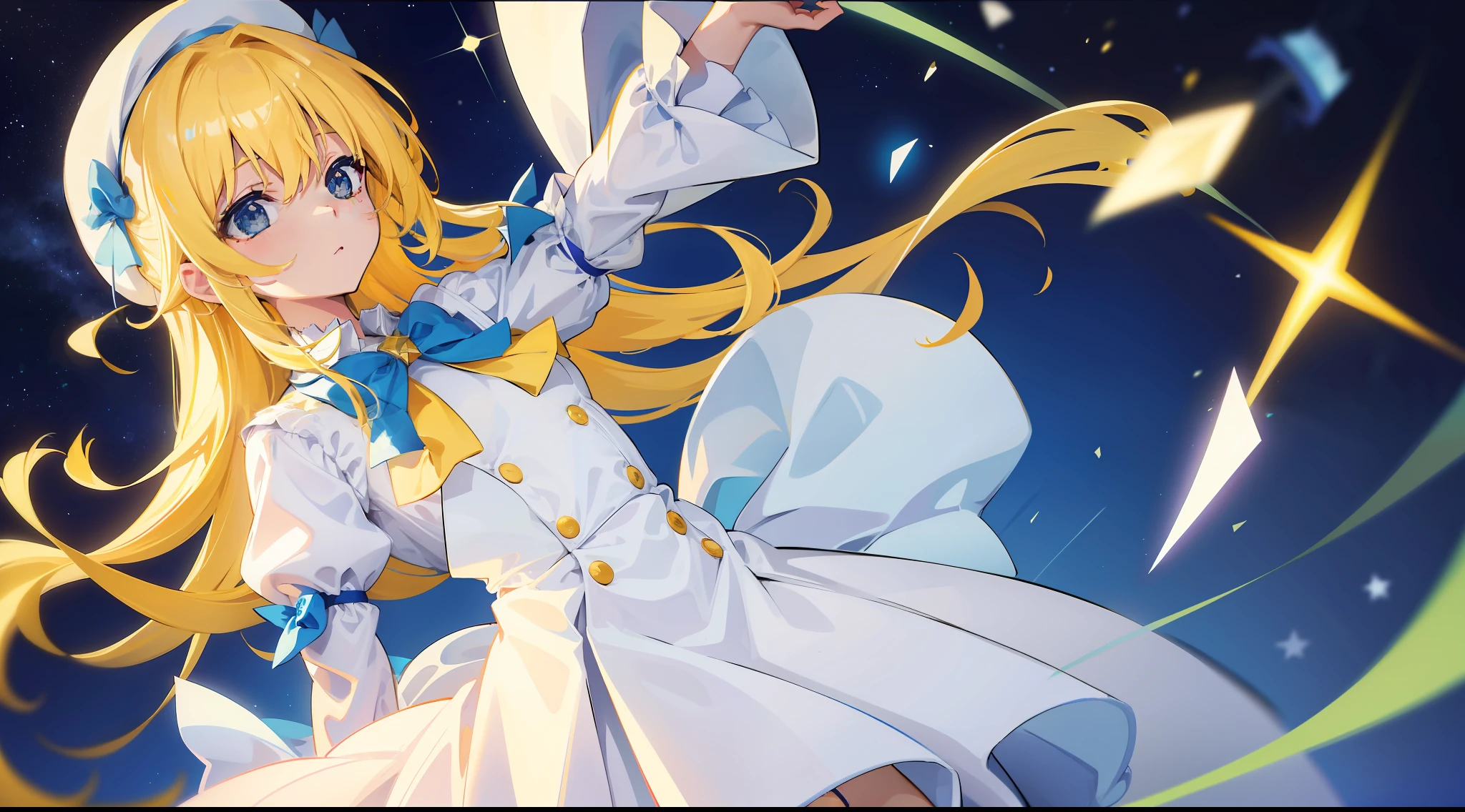 Yellow-haired,white dresses,eBlue eyes,star accessories,Blue bow tie,white beret(It has a blue bow on it),starryskybackground,meteors,4K