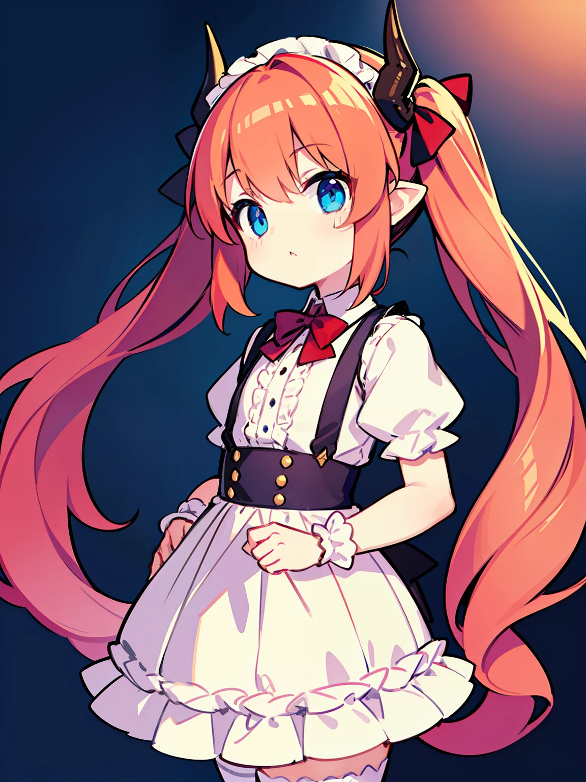{{best quality}}, {{masterpiece}}, {{ultra-detailed}}, {illustration}, {detailed light}, red hair,blue eyes,twintails,lolita,Suspenders skirt,Fantastic,loli,solo,Dragon horns,little girl,long hair