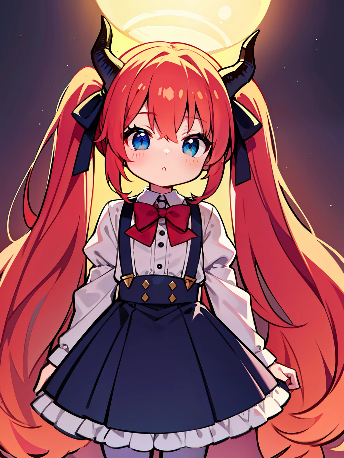 {{best quality}}, {{masterpiece}}, {{ultra-detailed}}, {illustration}, {detailed light}, red hair,blue eyes,twintails,lolita,Suspenders skirt,Fantastic,loli,solo,Dragon horns, girl,long hair