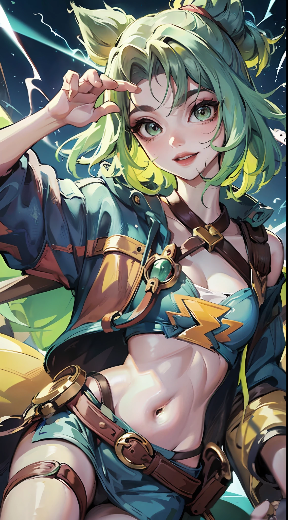 Zeri,Green hair，Lightning is born in your hand，Pitch up，having fun，Trendy clothing，Superskirt，Crop topping，D-cups，cute-style，highly rendered，detailed face with，Fleshy thighs