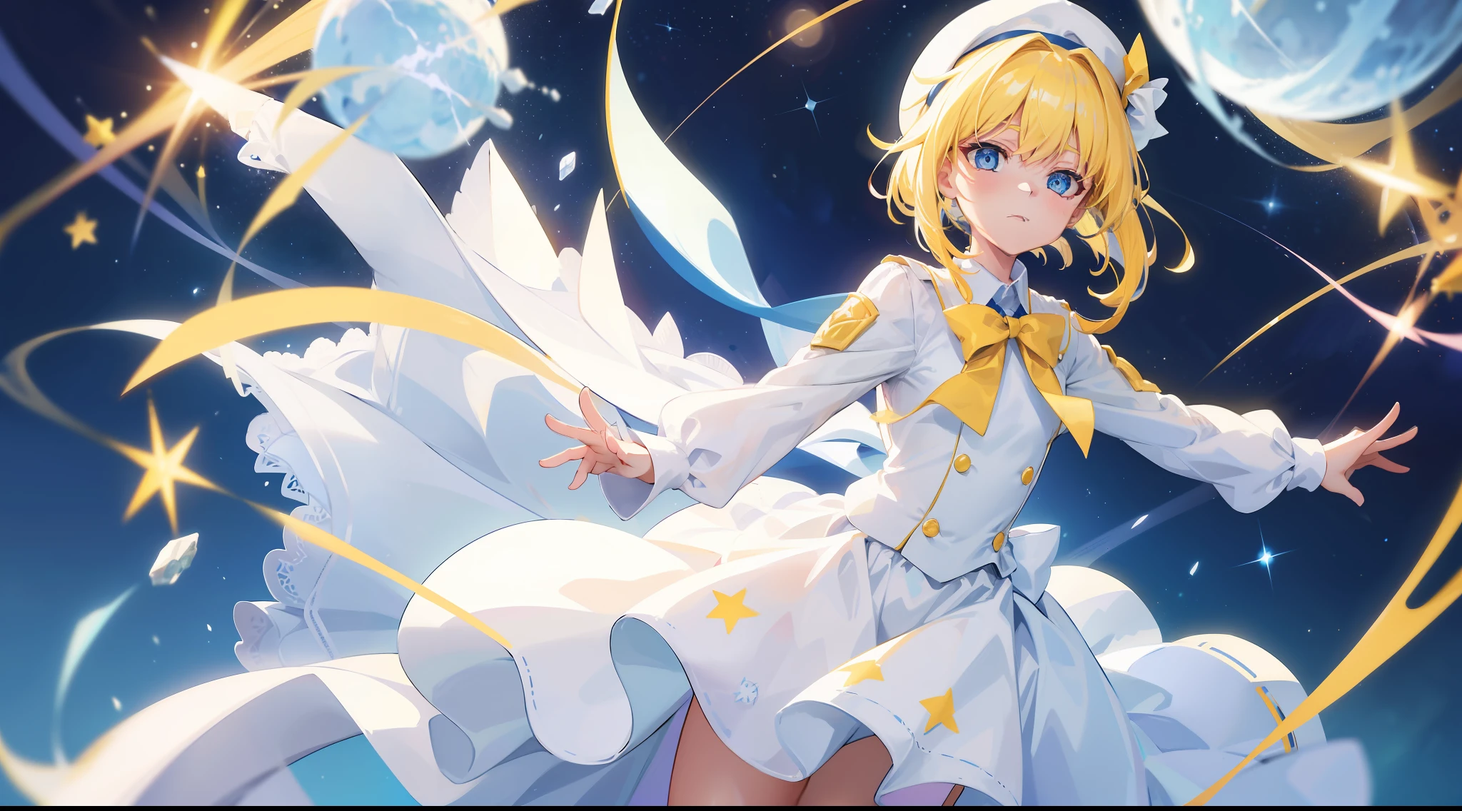 Yellow-haired,white dresses,eBlue eyes,star accessories,Blue bow tie,white beret(It has a blue bow on it),starryskybackground,meteors,4K