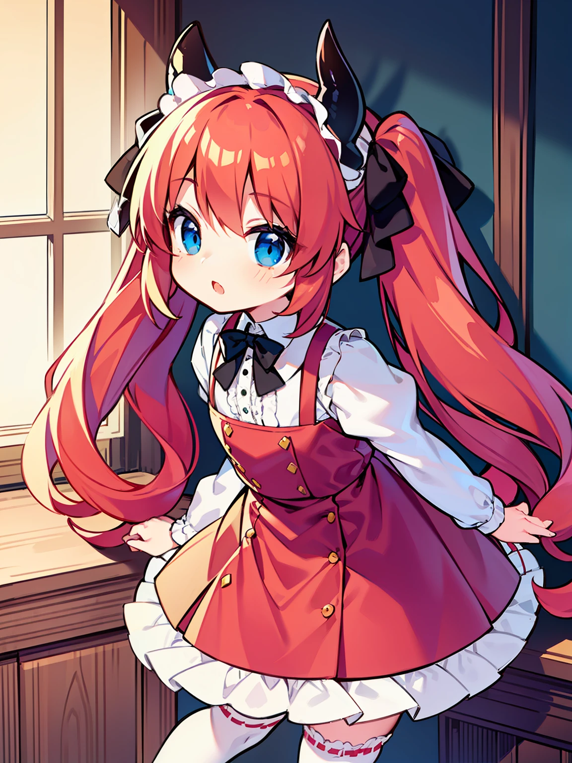 {{best quality}}, {{masterpiece}}, {{ultra-detailed}}, {illustration}, {detailed light}, red hair,blue eyes,twintails,lolita,Suspenders skirt,Fantastic,loli,solo,Dragon horns,little girl,long hair