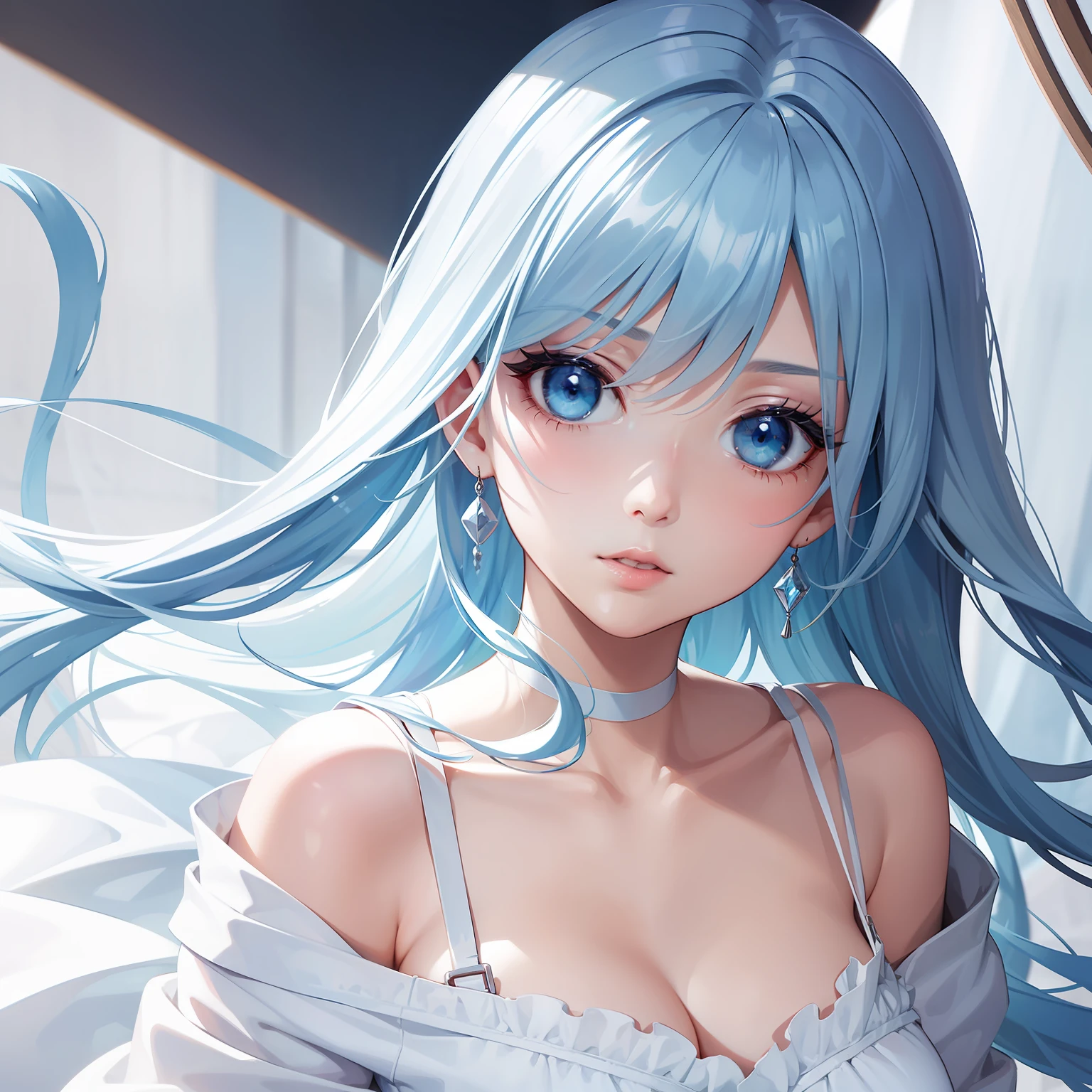 a women, blue hair, blue eyes, white dress