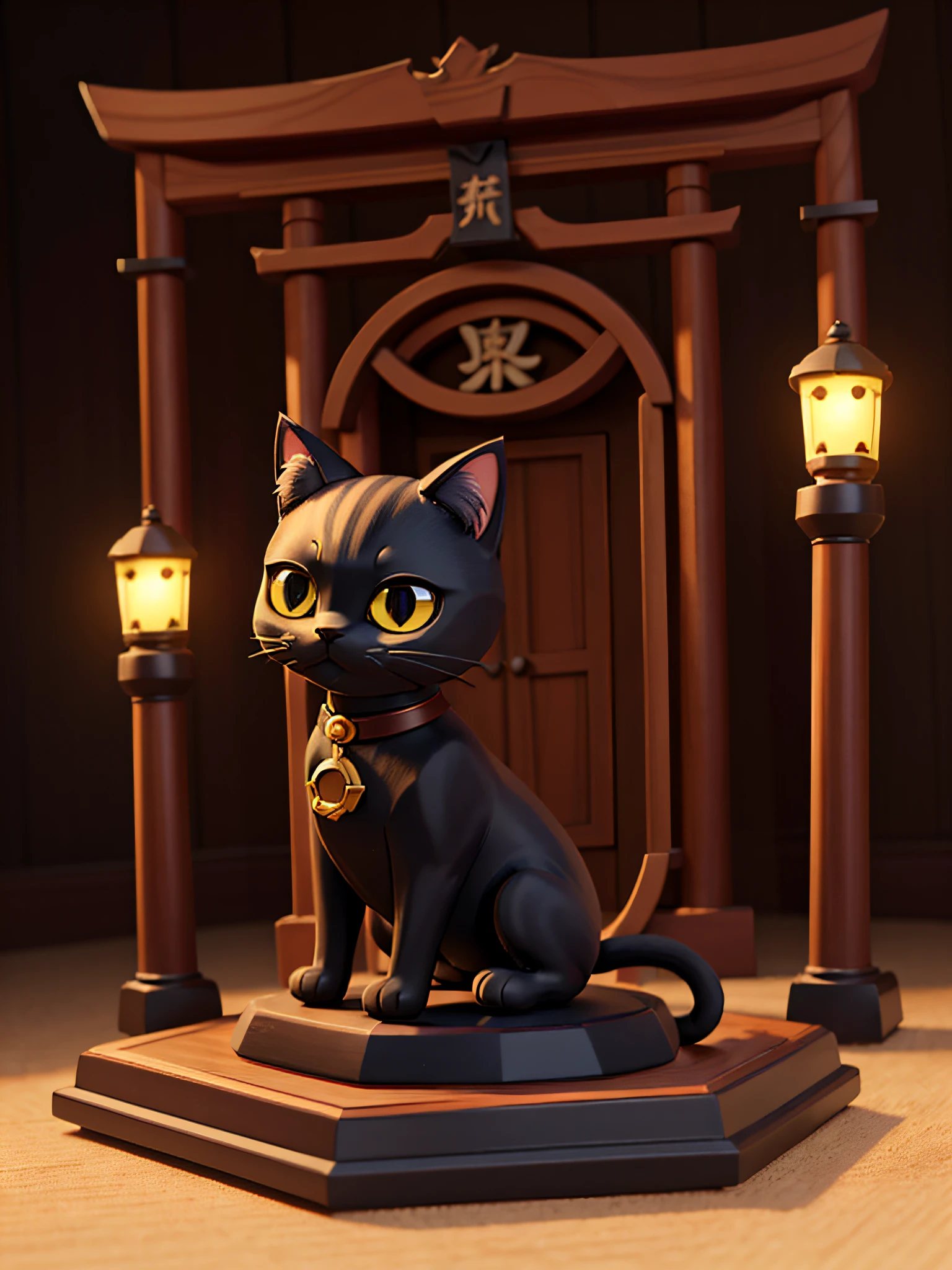 a cat,cute cat,one body,one head,singl face,toy,vignette figure,whole body、1 cat、Cute Cat Figure、Deformed cat、Sparkling eyes、Cat whole body、Output image quality(add detail、The ultra -The high-definition、Masterpiece、hight resolution、8K、Award-winning works)、(intricate-detail、ultra-detailliert:1.2)、Cinematic Shots、vignettes、central、Japan motifs(shrines)、black cat、Chic impression、Muted shades、gentle shades、appearance々Proposing figures made of similar materials、Attractive composition、Attractive lighting、depth of fields、diorama、Figure material(woodenhor、Woody)
