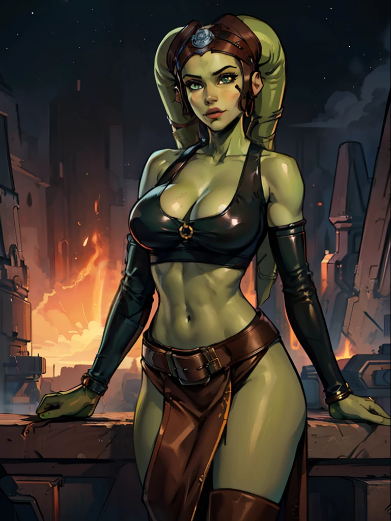 (best quality, masterpiece, highly detailed), 1girl, (green skin), sexy Twi'lek, large breasts, cleavage, Jedi, dark brown leather, pelvic curtain, loincloth, crop top, long sleeves, skirts, dark brown shorts, long boots, brown leather, buckles, straps, Star Wars, lekku markings