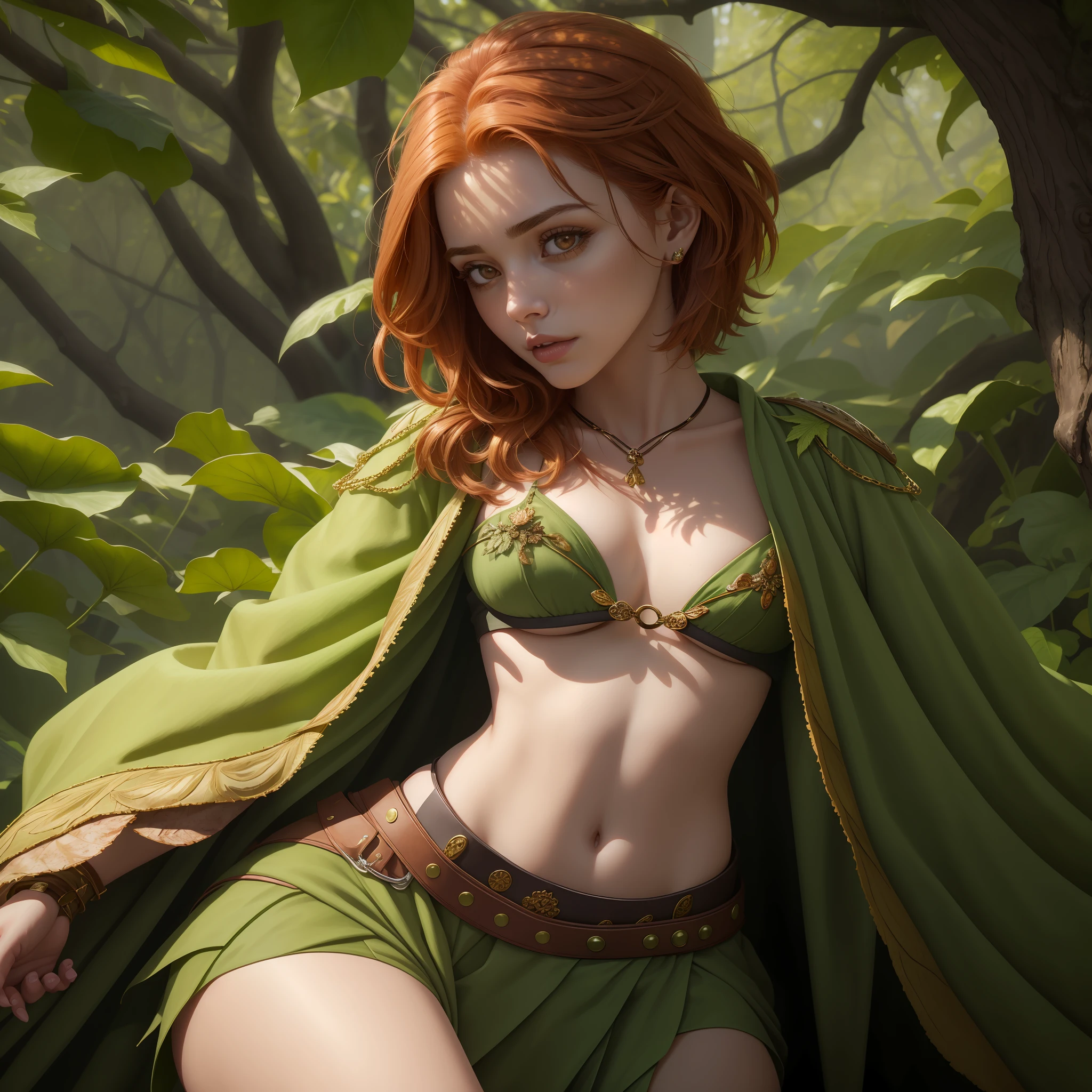 a  portrait of a durable [babe|temptress] , druid, leaf robe, perfect face, pretty face, brown eyes, auburn hair, Hi-top fade, very short hair, flat chest, lush detail, absurdres, clothes made of leaves