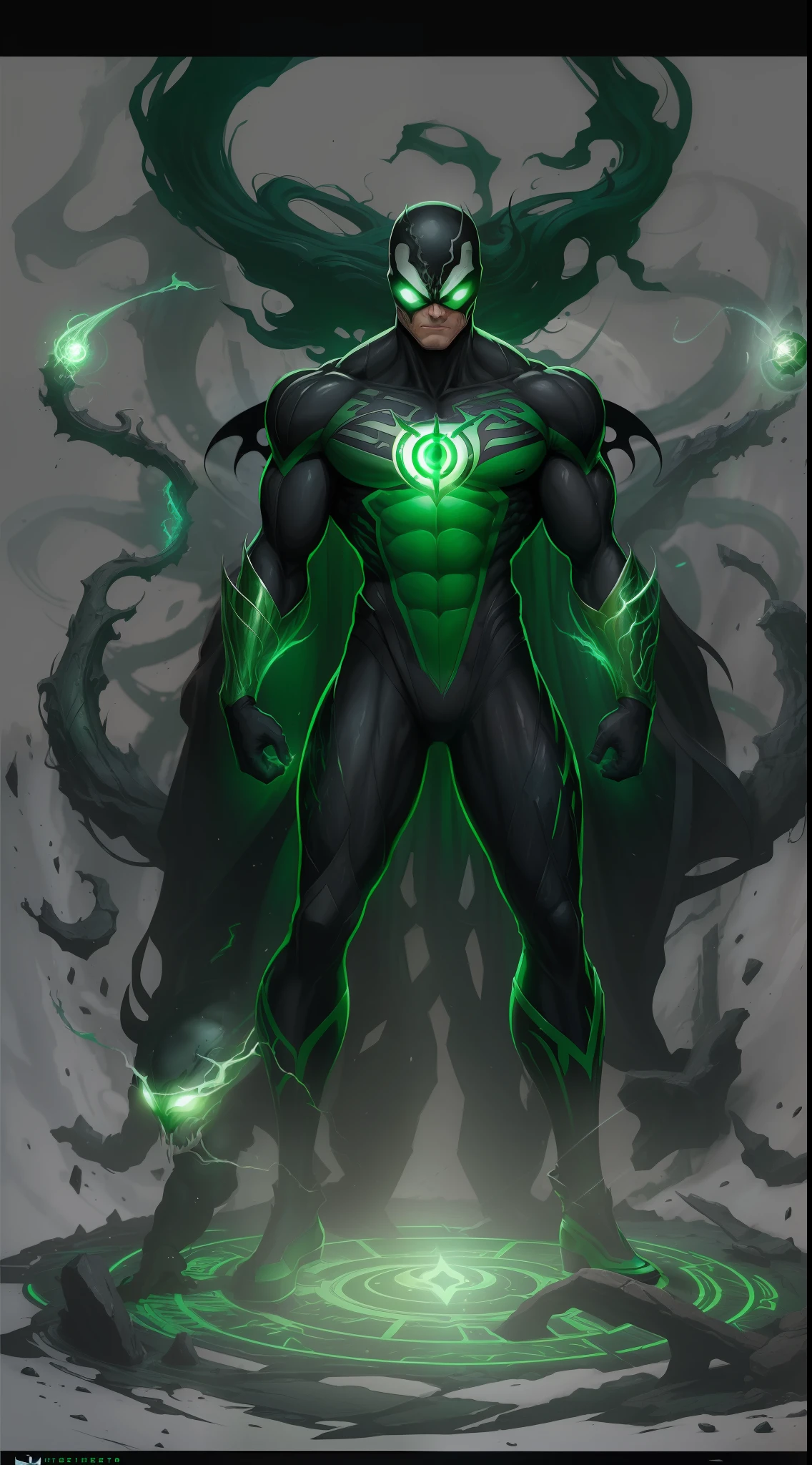 ((obra maestra impresionante)), (Ultra resolution 8K), Striking illustration of Venom symbiote fused with green lantern Hal Jordan, poderosa mezcla, Green Lantern and Venom Epica Original Combination, linterna verde vestido del simbionte Venom, obra maestra sin antecedentes,Traje Cyberpunk,Symbiotic wings, Symbiotic Weapons Ring, Hetera Illustration, dark ilumination, Spectral illumination