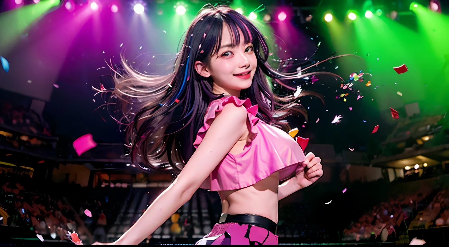 absurdres, highres,
BREAK
looking at viewer, upper body, (face focus:1.3), (from side:1.5), 
BREAK
(vivid-color:1.3)
BREAK
(one girl:1.3), (loli:1.2), (Hoshino Ai:1.4), (ai's pose:1.3), (purple eyes:1.3), (purple hair, streaked hair:1.5), (happy smile:1.7), (lifting her feet:1.3), lifting her feet:1.3), twisting waist, (shiny eyes:1.3), (upturned eyes, happy smile:1.2), (star \(symbol\), star-shaped pupils:1.3), hairclip, earrings, jewelry, nm1, (frills, pink shirt:1.2), dress pull, Roaring Twenties,  sleeveless, shirt, idol, symbol-shaped pupils, (huge breasts, cleavage:1.3), (thigh:1.2),  open mouth, (breast:1.3), round eyes, (blowing in the wind:0.5), squall (wind:1.2), sense of speed, refreshing breeze, motion blur effect, wind
BREAK
background is (on the Idol stage:1.3), (Stand in the center of the screen:1.3), indoors, idol live, wind, (Colorful spotlights:1.7)
BREAK
magnificent view, (10,000 people spectators:1.3), light particles, (confetti:1.4), dynamic angle, dutch angle, perspective
BREAK
(night, spot light:1.5), depth of field, bokeh, light leaks, (chromatic aberration:1.2)
BREAK