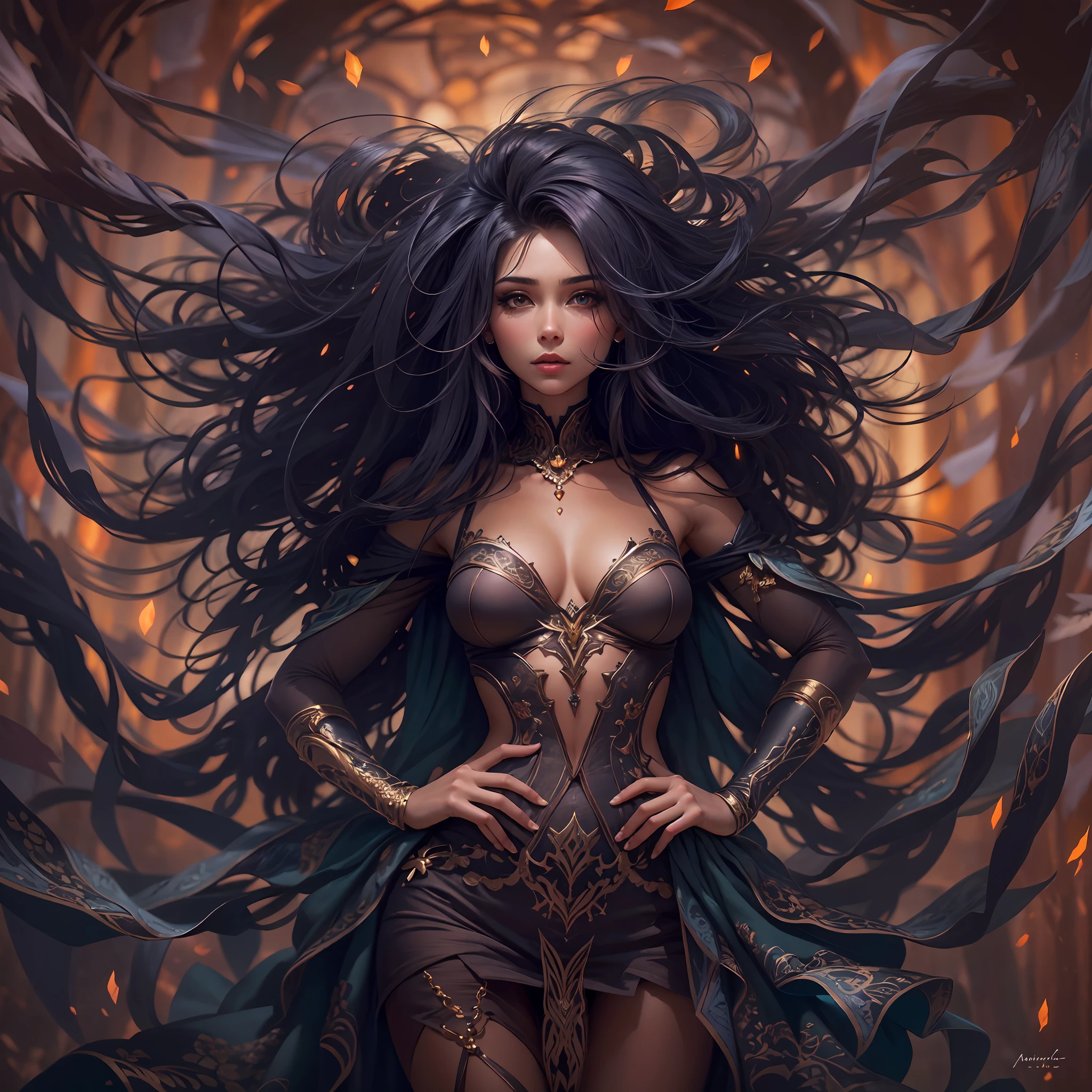 Uma bela mulher de cabelos pretos longos com franja com roupas curtas sensuais, Arte de Fantasia, alto detalhe, imagem de corpo inteiro, imagem em alto detalhe