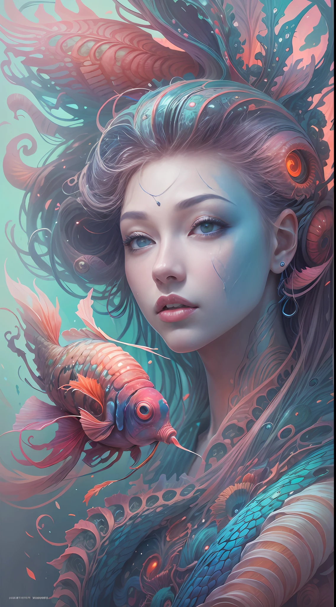 best qualtiy，tmasterpiece，超高分辨率，（photograph realistic：1.4），ultra-realistic realism，Dream-like，The beautiful blue goddess wears a phoenix peacock on her head, Nautilus, a betta fish，The creation of fantasy，Brain conch，Dream Conch，Biopunk Nautilus，Thrilling color scheme， ultra-realistic realism， abstracted， psychedelia,