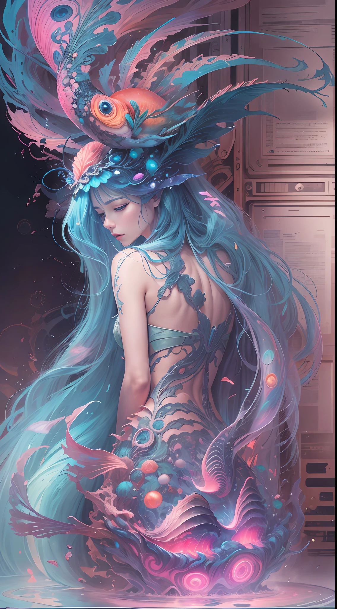 best qualtiy,tmasterpiece,超高分辨率,(photograph realistic:1.4),ultra-realistic realism,Dream-like,The beautiful blue goddess wears a phoenix peacock on her head, Nautilus, a betta fish,The creation of fantasy,Brain conch,Dream Conch,Biopunk Nautilus,Thrilling color scheme, ultra-realistic realism, abstracted, psychedelia,