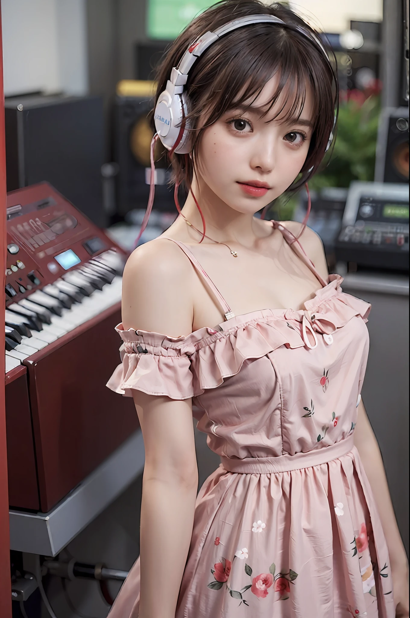 Best Quality, masutepiece, (Photorealistic:2), Ultra High Resolution, Highly detailed, A hyper-realistic, 1girl in, ((Red headphones)), (Longer dress), Floral pattern, colourfull_hair、(((very_Short_hair))), Short hair, Slim body, Full Shot, Looking at Viewer, ((Music Studio)), Bright atmosphere, spot light, Detailed background