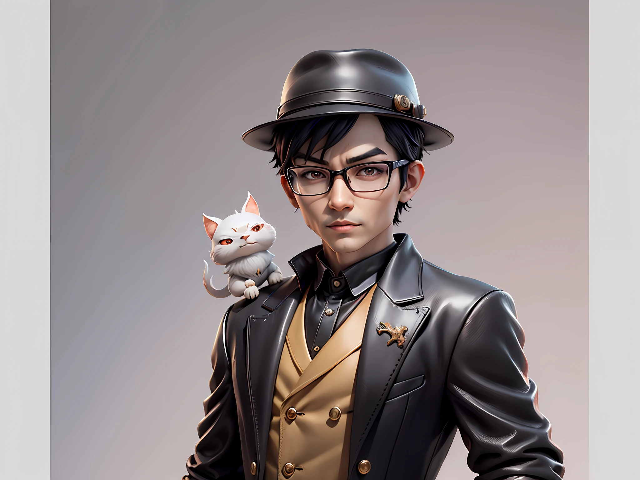 Young man with oriental face in leather hat, dragon, formal suit, short black hair, silver glasses, digital painting, 3D character design by Mark Clairedon and Pixar and Hayao Miyazaki and Akira Toriyama, the illustration is a high-definition illustration in 4K resolution with very detailed facial features and cartoon-style visuals.