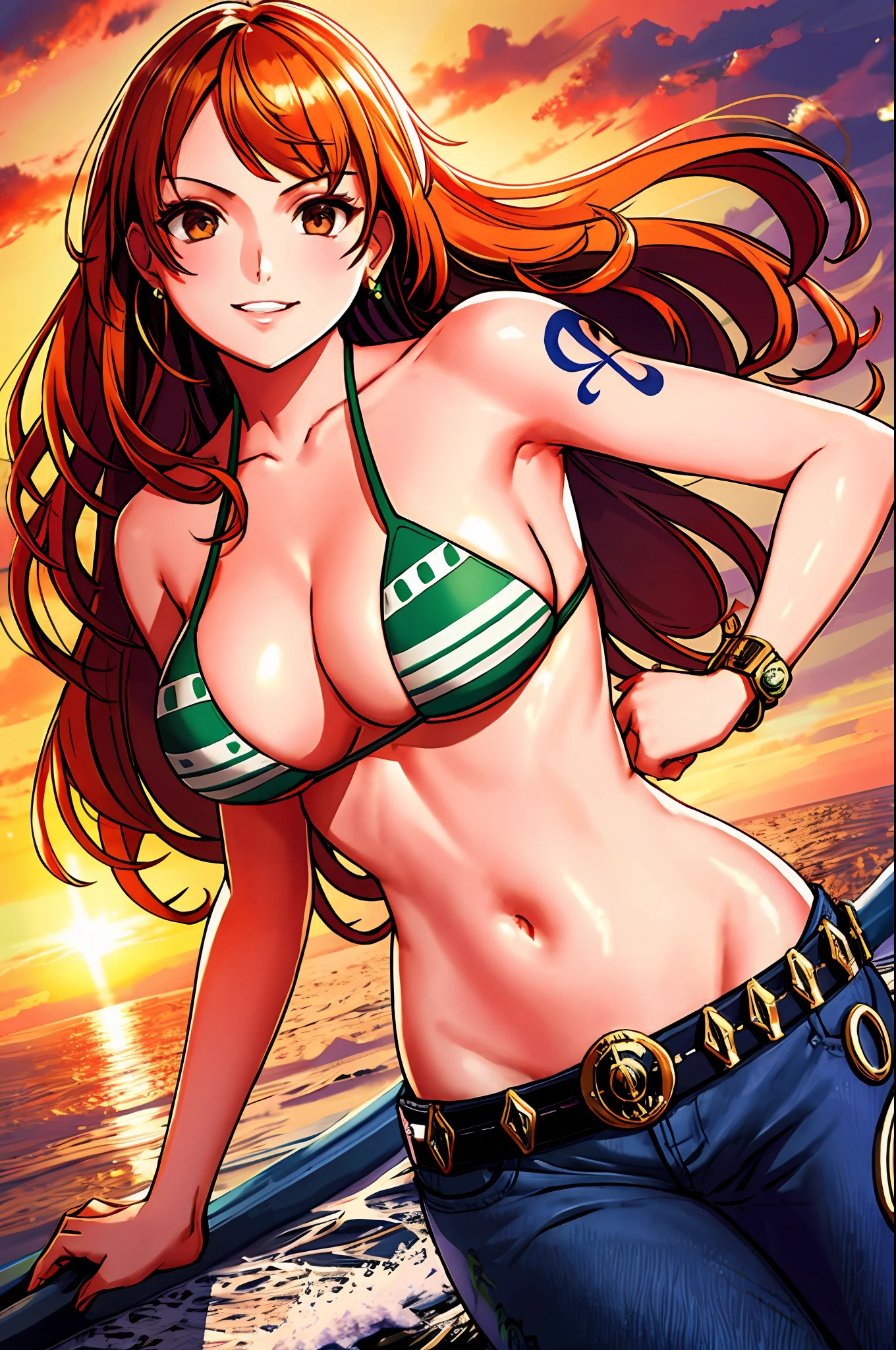 detailed background, masterpiece, 4k, epic, best quality, cheerful, late youth, adult, milf, athlete body, 1girl, active, energic, ((wide open mouth, folded legs, smile, lying on the ground, fully lying down, open eyes, hands spread sideway, jumping)) , solo, nami \(one piece\), 1girl, bangle, (very missy hair, tired, open mouth, feeling hot, tilting head, both hands spreadeagled, serious, hurt, glaring, open eyes, looking up, perfect detailed face, detailed round face) bold drawing lines, muscular arms, detailed bold body lines, flat jaw, adult woman, (wavy wide streaked bangs, floating bang, long left bangs ) (big cheeks), bare shoulders, off-shoulders, belt, bikini, bikini top only, blue sky, bracelet, springy breasts, breast lines, big round eyes, very big brown shiny eyes, bubbles, high eye position, cleavage, cloud, day, denim, earrings, floating hair, wavy hair, shiny hair, green belt, green bikini, bold groin lines, ((straw hat)), long jeans, jewelry, medium breasts, log pose, long hair, looking at viewer, long navel, wet hair, orange hair, pants, shoulder tattoo, sidelocks, sky, solo, stomach, swimsuit, tattoo, detailed left arm, big forehead, hourglass figure, small head, toned body, wide hair, wind effect, sun effect, under the sun, narrow small ears angle, older, straight shot, water splashes