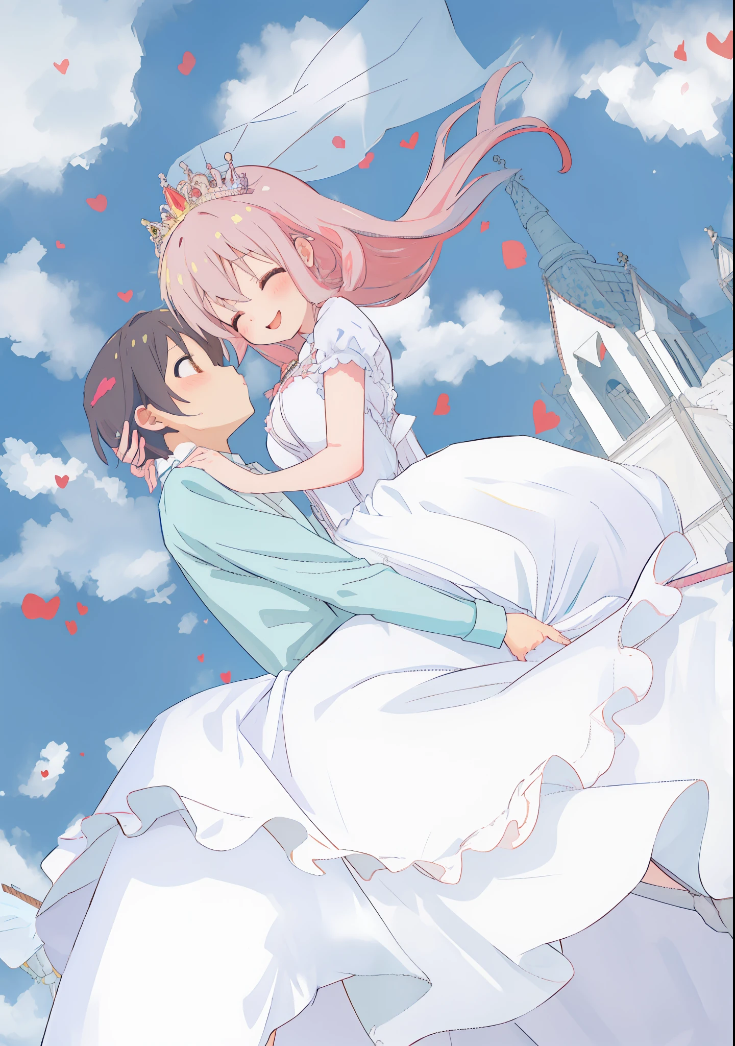 Anime couple in wedding dress riding a horse in the sky, Happy!!!, The Romance of Shōjo, kissing together cutely, wedding, official fan art, DDLC, in ryuuou no oshigoto art style, 8K!!, 8K!, kinmoza!, Covered!!, yuruyuri, Author: Shingei, Anthem of the king in the image of a princess