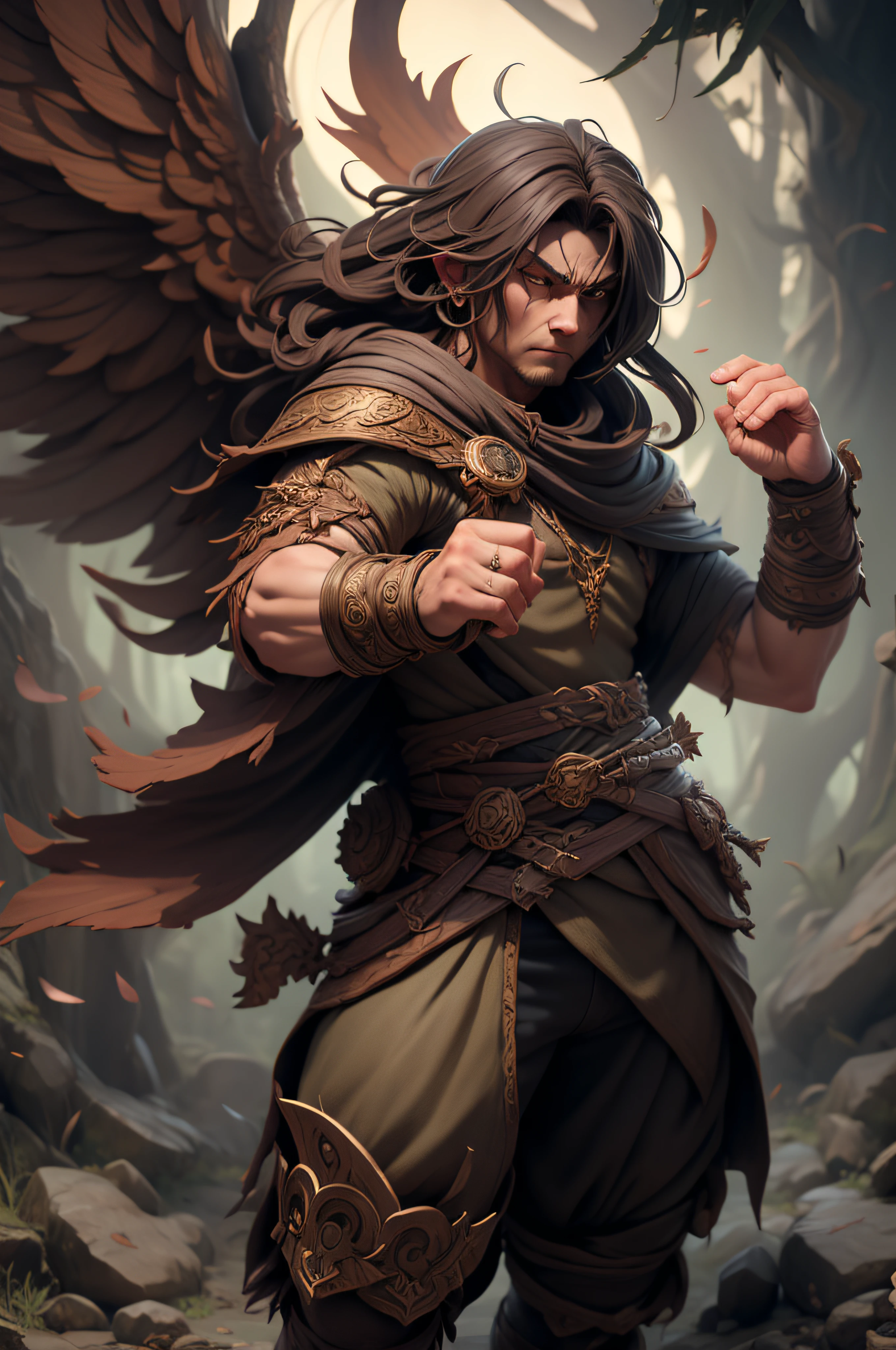 1boy, druid, dynamic pose, epic battle, dynamic background, intense battle stance, 4k wallpaper, intricate details, dark fantasy artwork