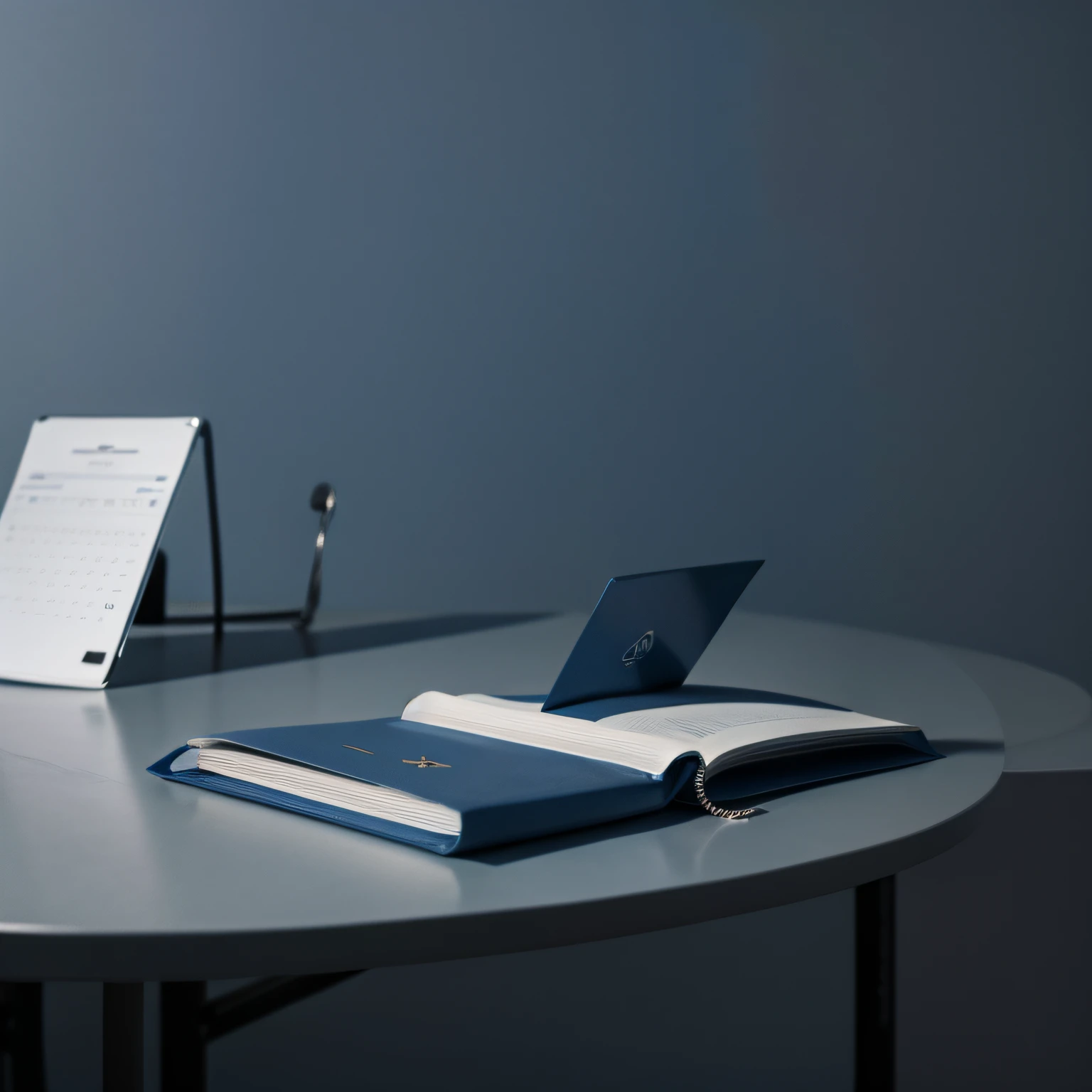 There is a blue folder on the table, pale blue background:1.5AND gray background:1.2,product design shot,Close-up Shot Shot,close angle,Bottom view,Business style,luxury journal cover, Stereoscopic product rendering, product design render, 3 d product render, photoreal render