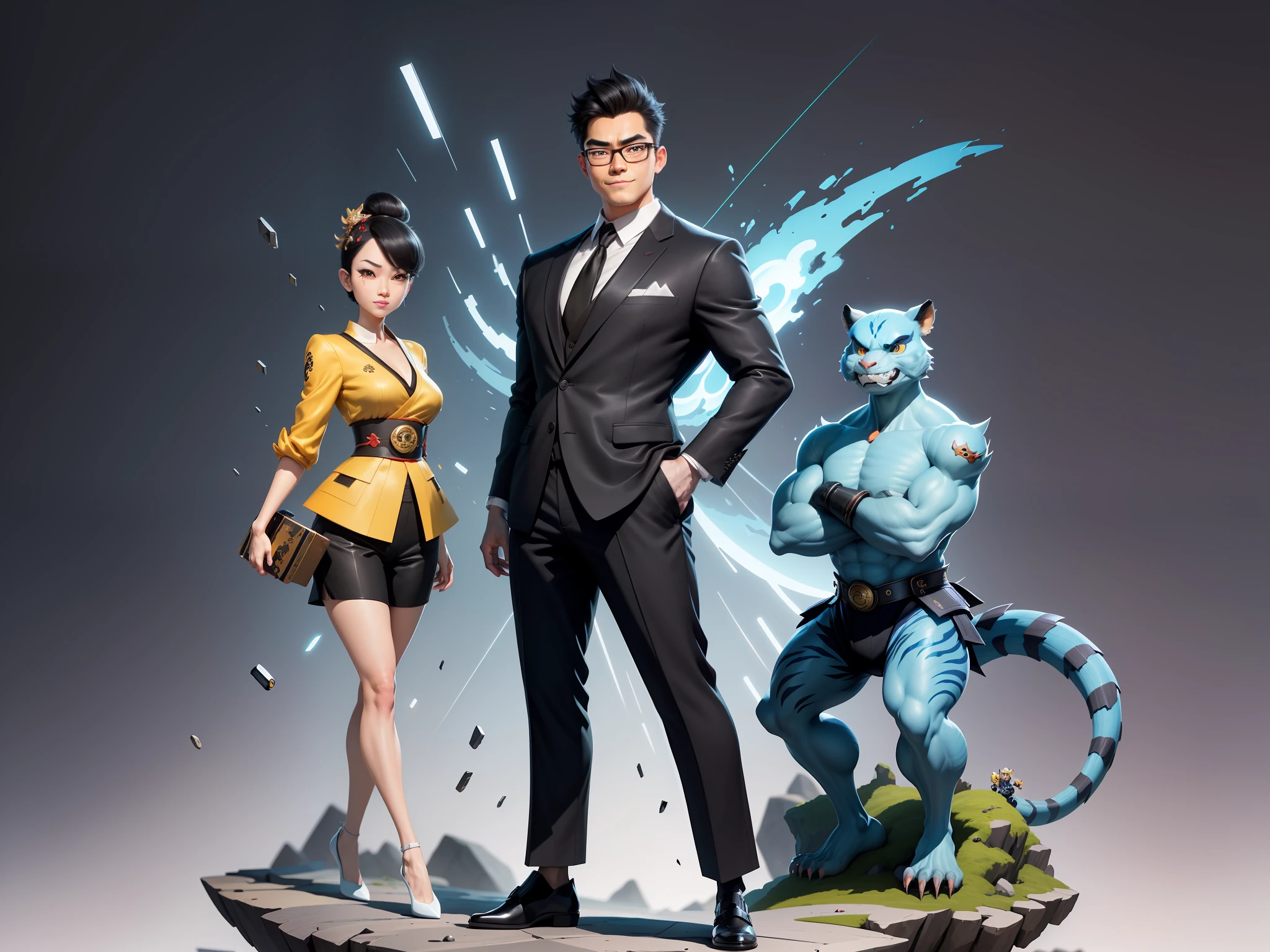 (Masterpiece), (Excellent), (Super Meticulous), (Full Body: 1.2), Super Young Man with Japanese Female Geisha, Pretty, Beautiful, Chinese Dragon, Tiger, Wind God Thor, Sexy, Bursting, Oriental Face, TV Anchor, Bust Portrait Illustration, Black Suit, Blue Tie, Slightly Chubby Face, Silver Glasses, Very Clean Face, No Beard on Chin, Black Super Short Hair, Black Eyes, Confident Smile, 3c Computer Sub-Products, iPad, iPhone, Digital Painting, 3D character design by Mark Clairedon and Pixar and Hayao Miyazaki and Akira Toriyama, the illustrations are HD illustrations in 4K resolution with highly detailed facial features and cartoon-style visuals.